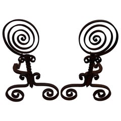 Antique Pair of  Spiral Iron Fireplace Andirons