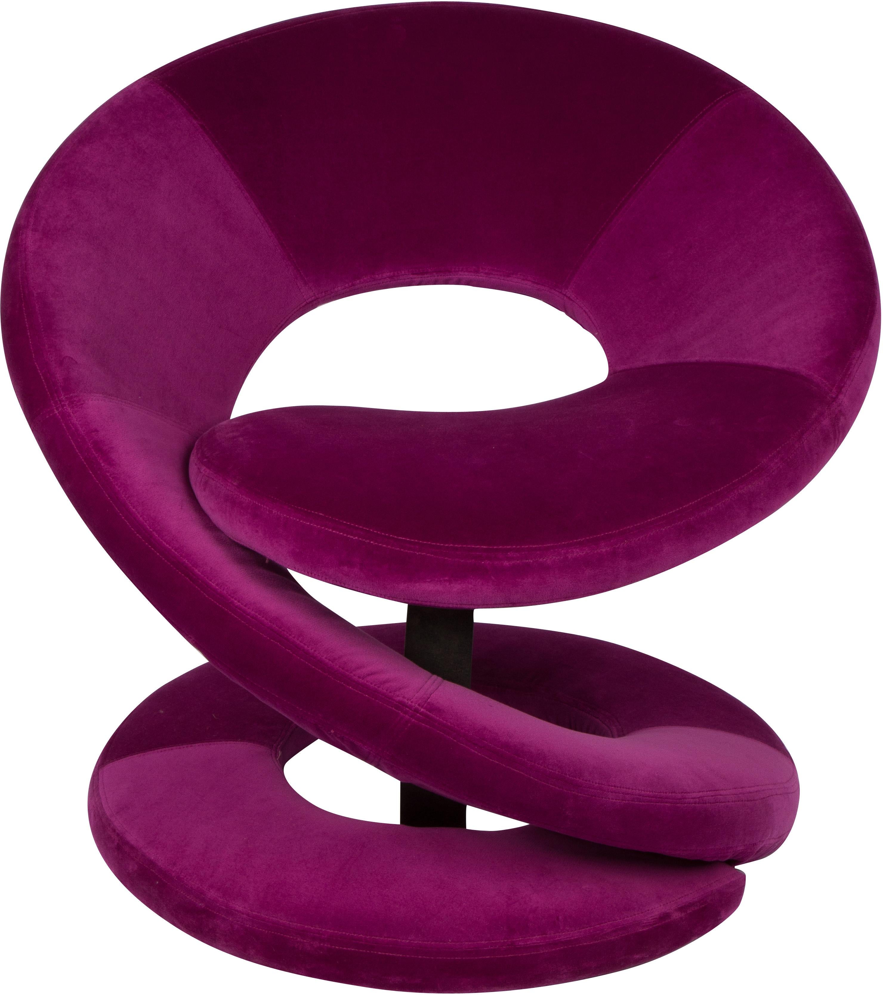 Sculptural, sexy, pair of lounge chairs in the manner of Louis Durot. Recently re-upholstered in a fuchsia cotton velvet.