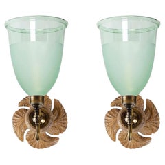 Pair of Spiral Sconces with Large Green Hurricane Shades by David Duncan Studio