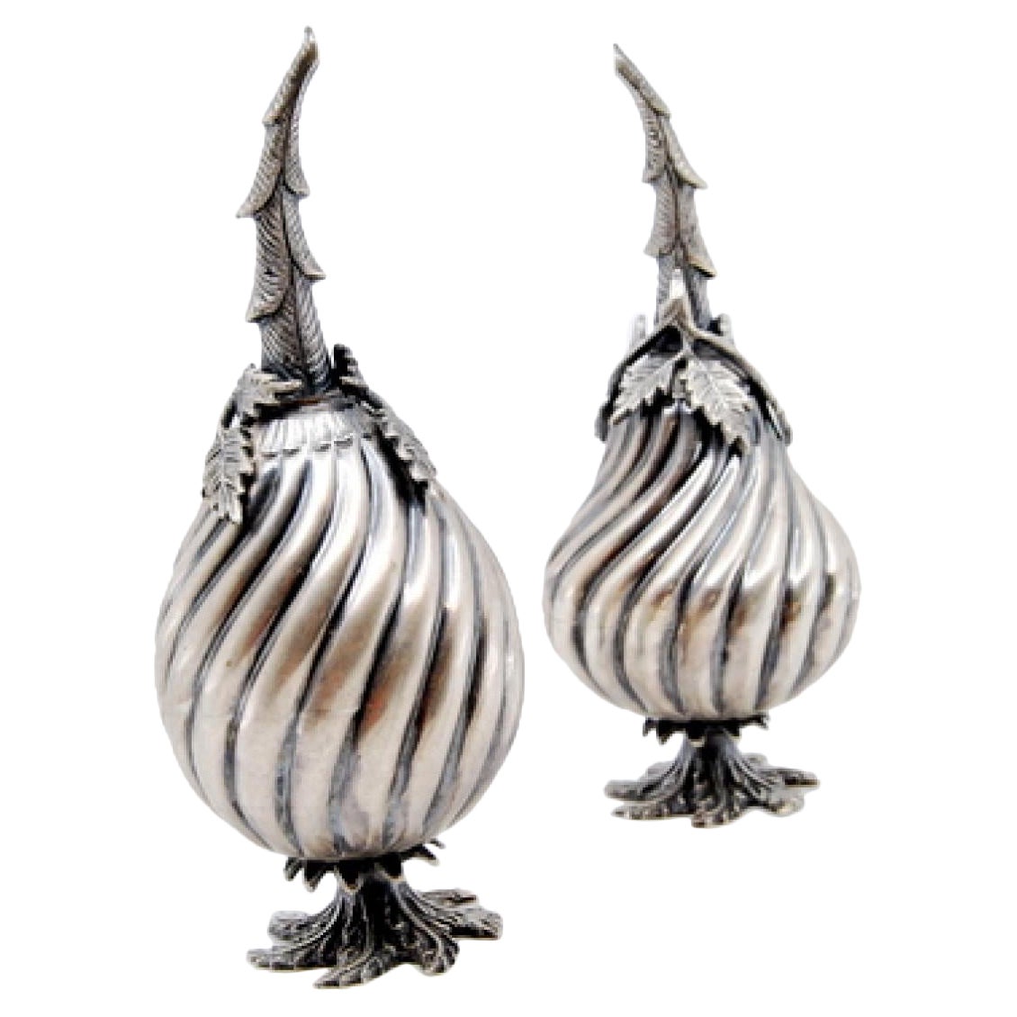 Pair of spiral silver rose water spouts For Sale