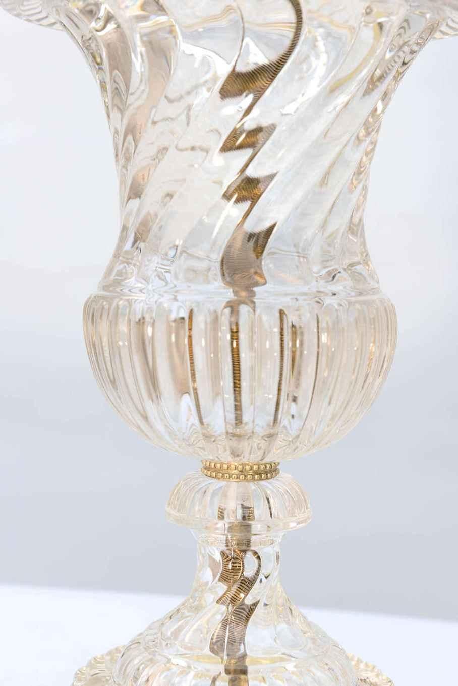 Neoclassical Pair of Spiral Urn Baccarat Glass Lamps