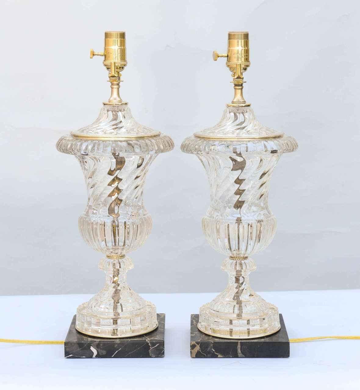 20th Century Pair of Spiral Urn Baccarat Glass Lamps