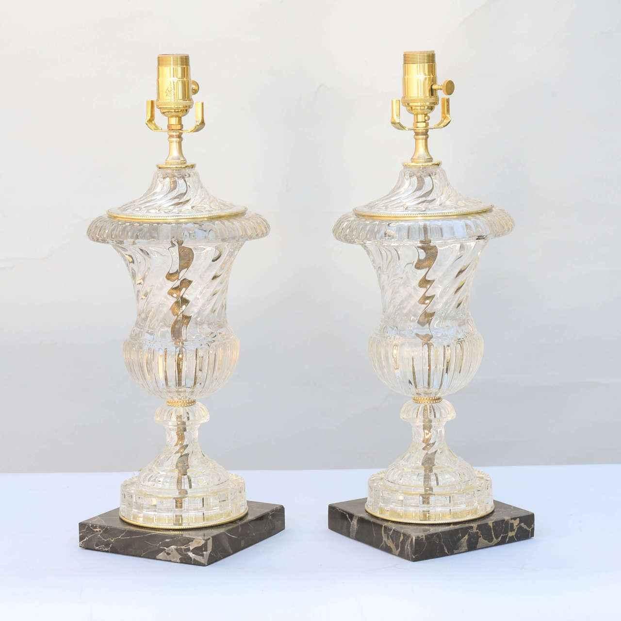 Pair of Spiral Urn Baccarat Glass Lamps 1