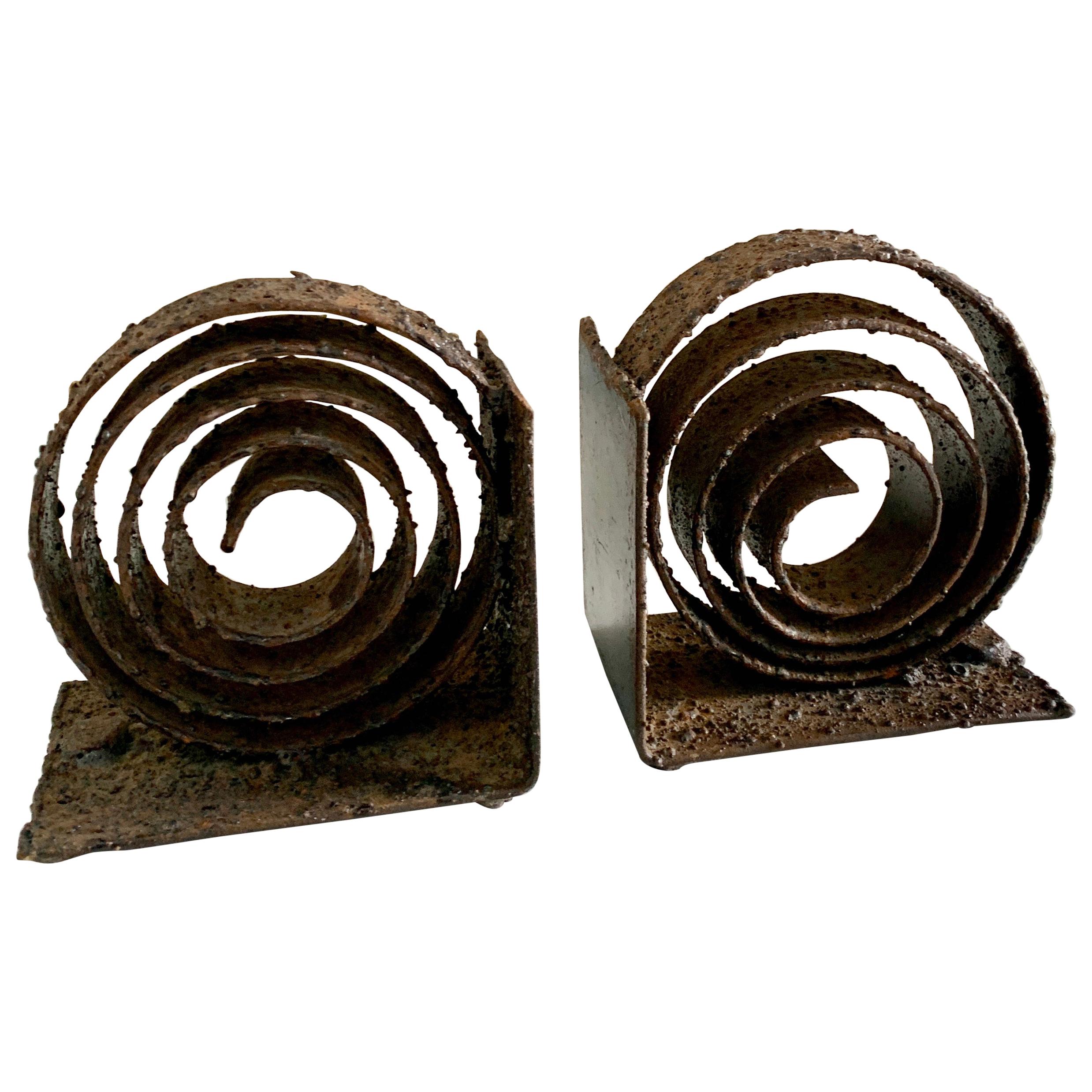  Wrought Iron Brutalist Bookends with Spiral Design