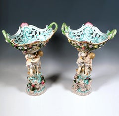 Pair Of Splendid Meissen Porcelain Centerpieces With Cupids, Leuteritz, Ca. 1860