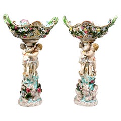Pair Of Splendid Meissen Porcelain Centerpieces With Cupids, Leuteritz, Ca. 1860