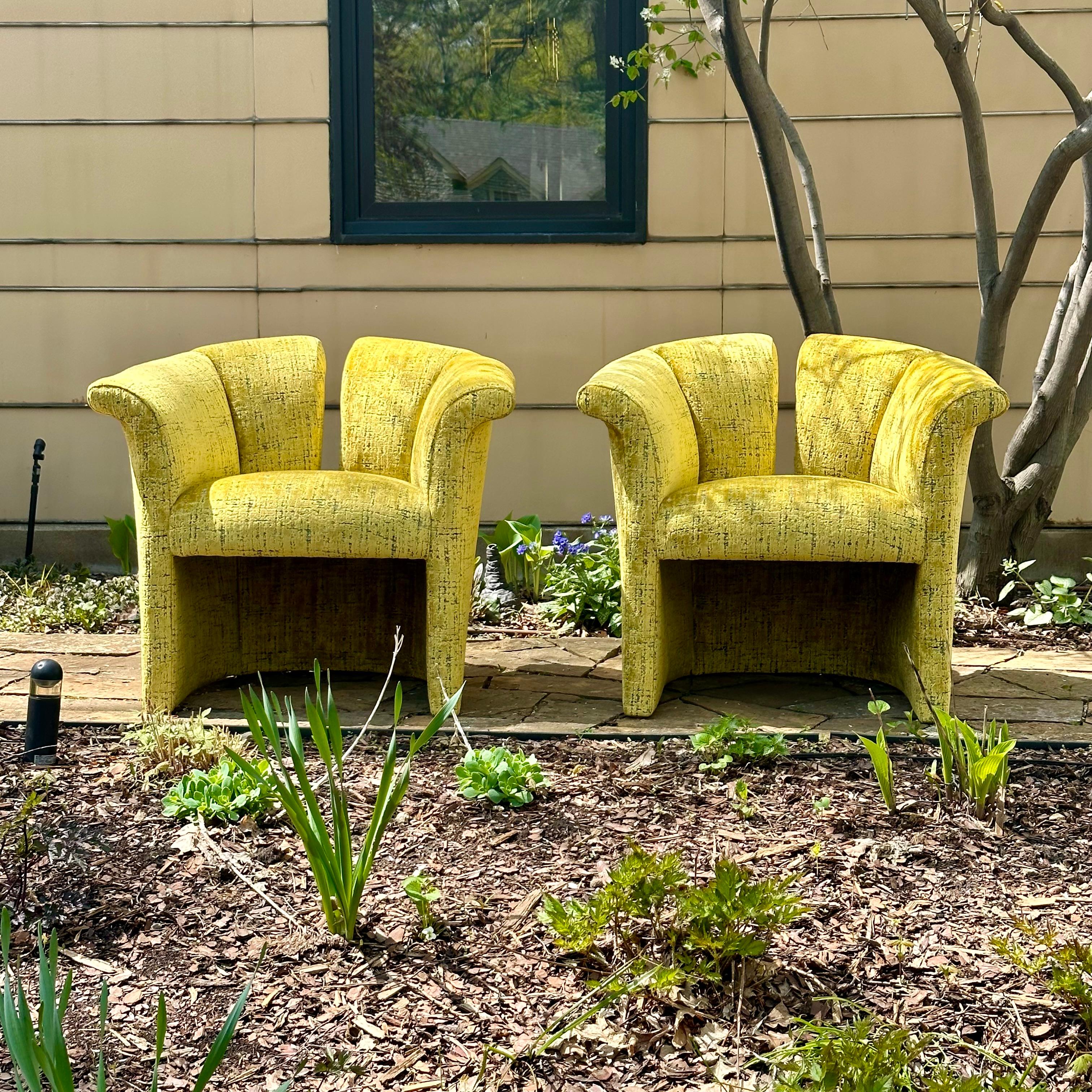 Designed by Milo Baughman for Thayer Coggin, these split back lounge chairs are both gorgeous and comfortable. Reupholstered in a soft velvet jacquard by Covington Moonstruck Sulpher. The acidic yellow/gold color takes center stage with bits of teal