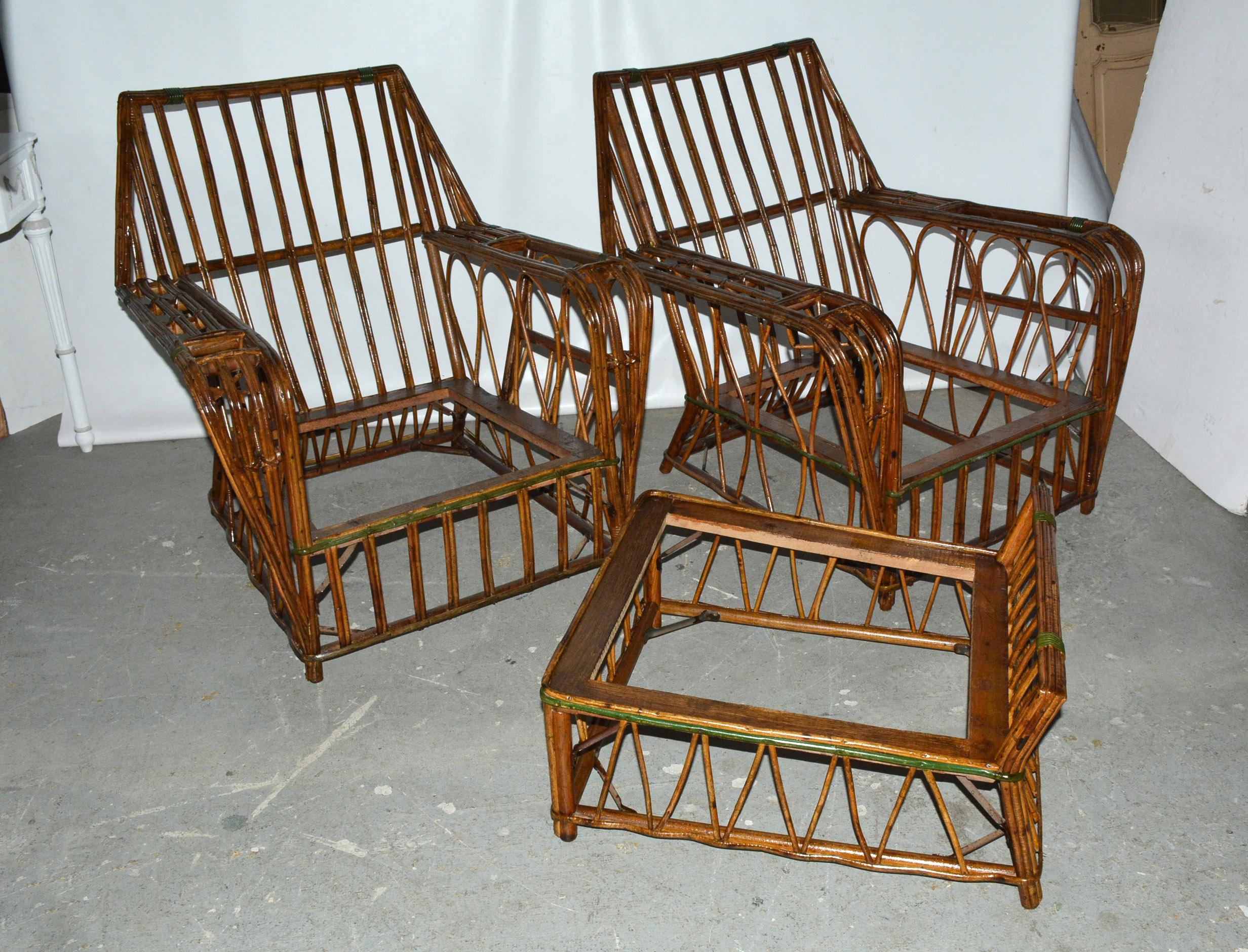 American Pair of Split Reed Arm Chairs and Matching 