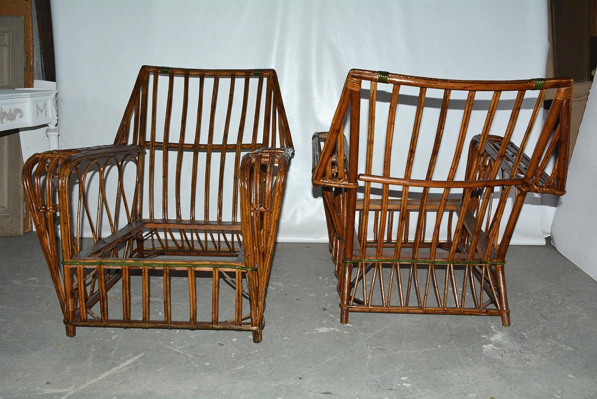 Hand-Crafted Pair of Split Reed Arm Chairs and Matching 
