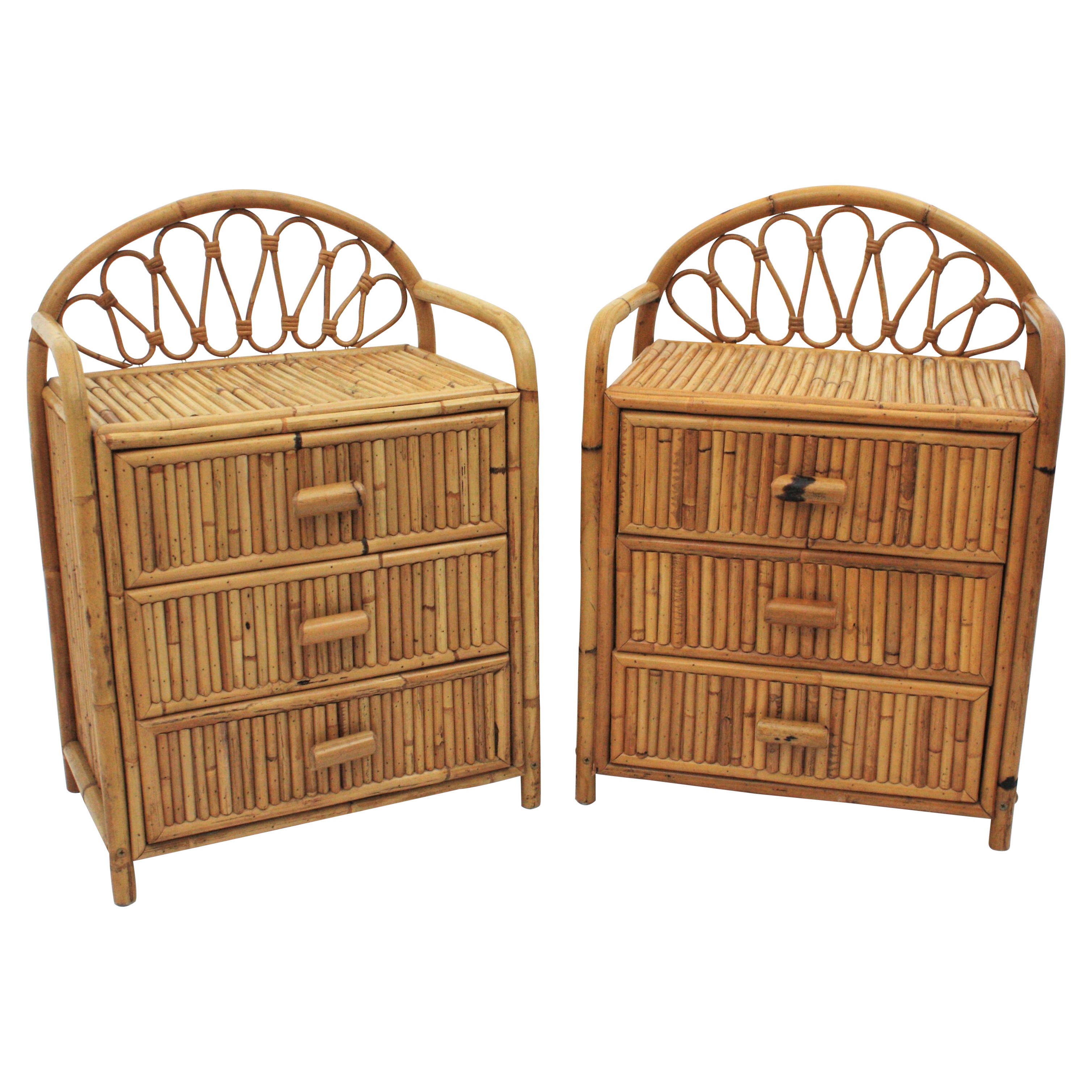 Pair of Split Reed Bamboo Rattan Nightstands, 1970s