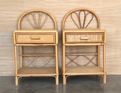 Pair of Split Reed Bamboo Rattan Nightstands with Drawer and Low Tier, 1970s