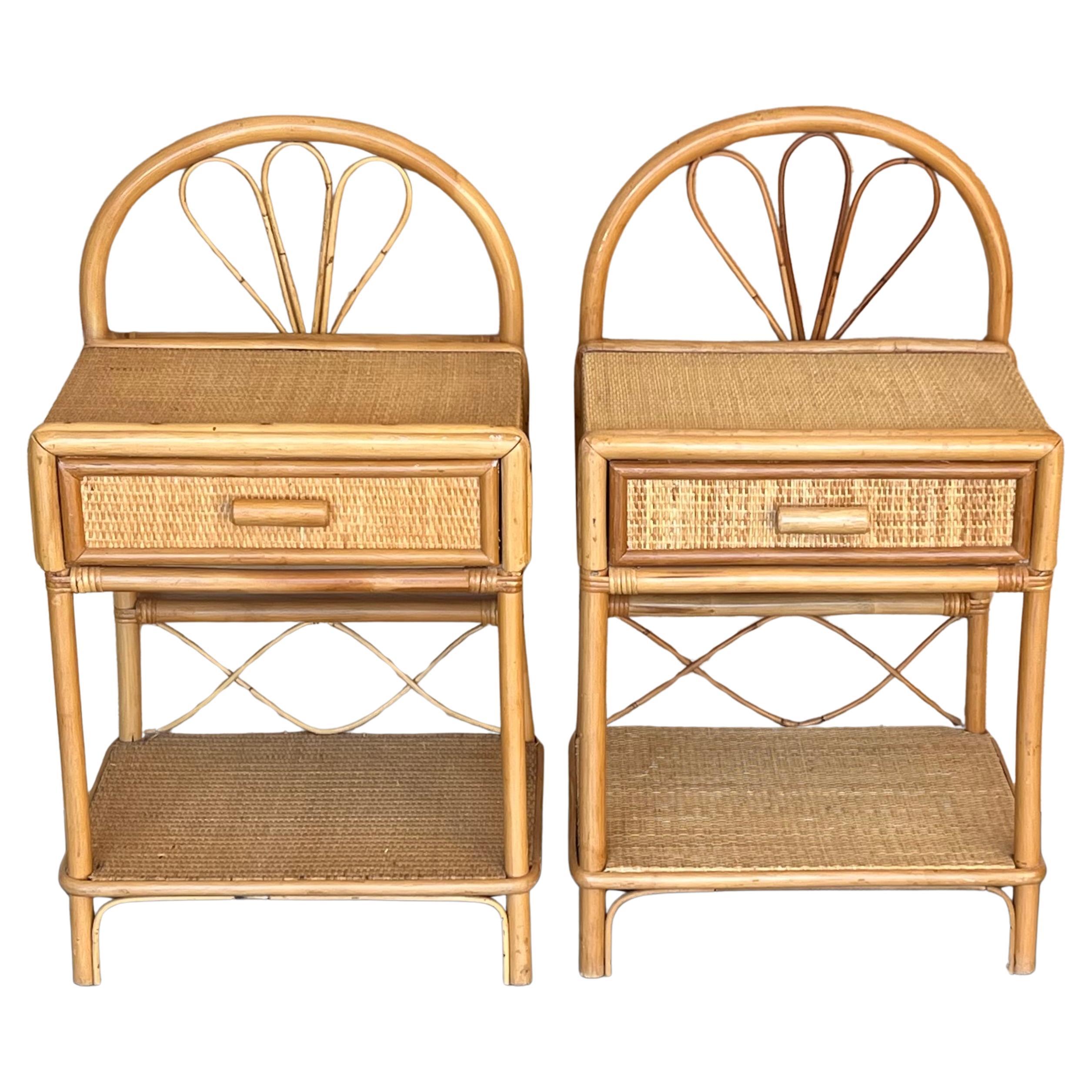 Pair of Split Reed Bamboo Rattan Nightstands with Drawer and Low Tier, 1970s