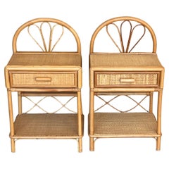 Pair of Split Reed Bamboo Rattan Nightstands with Drawer and Low Tier, 1970s