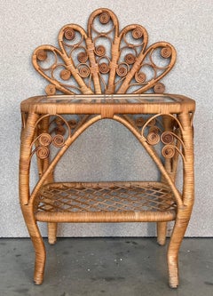 Pair of Split Reed Bamboo Rattan Nightstands with Two Glass Tier, 1970s
