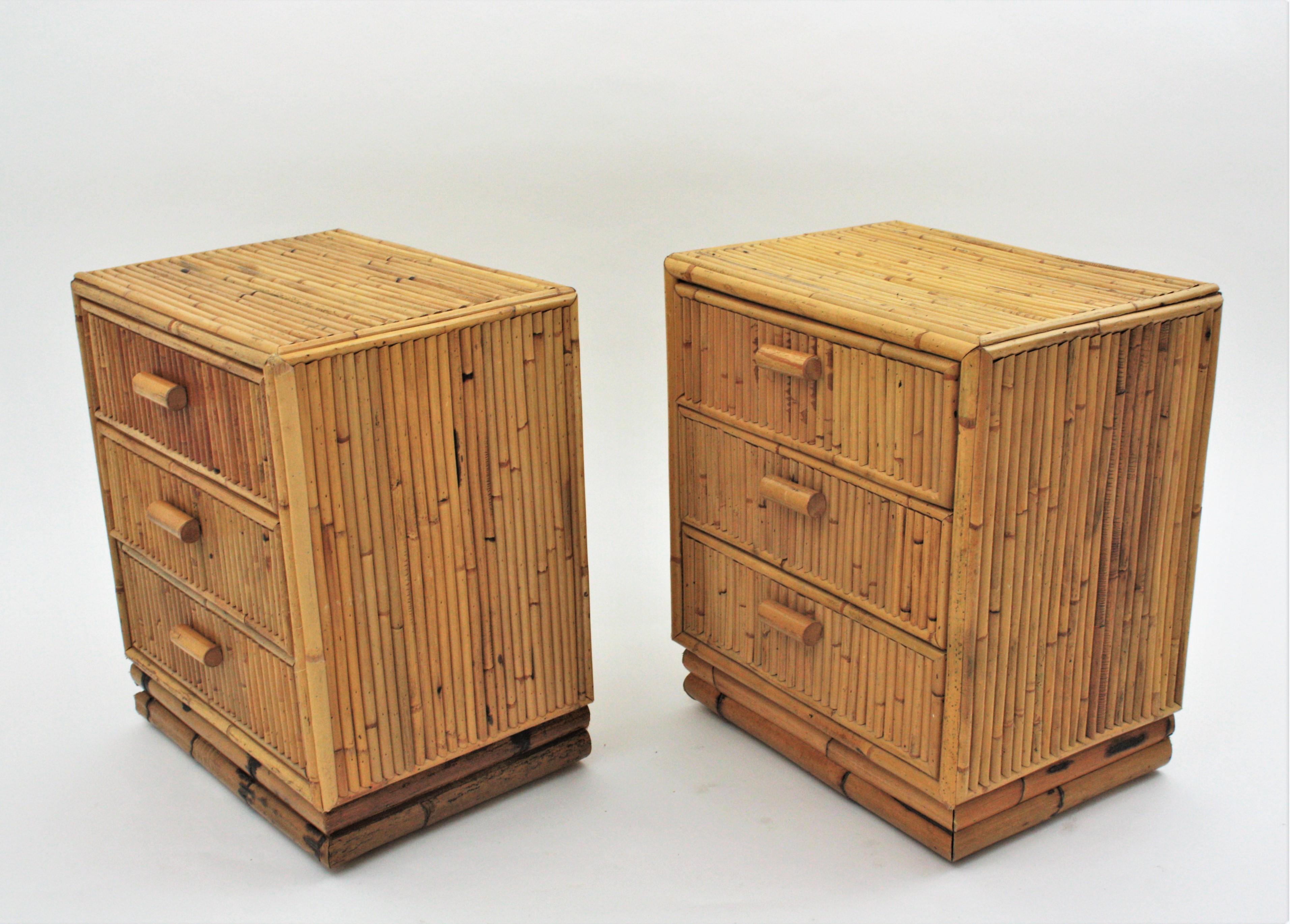 Pair of Split Reed Bamboo Rattan Small Chests or Nightstands, 1970s 1