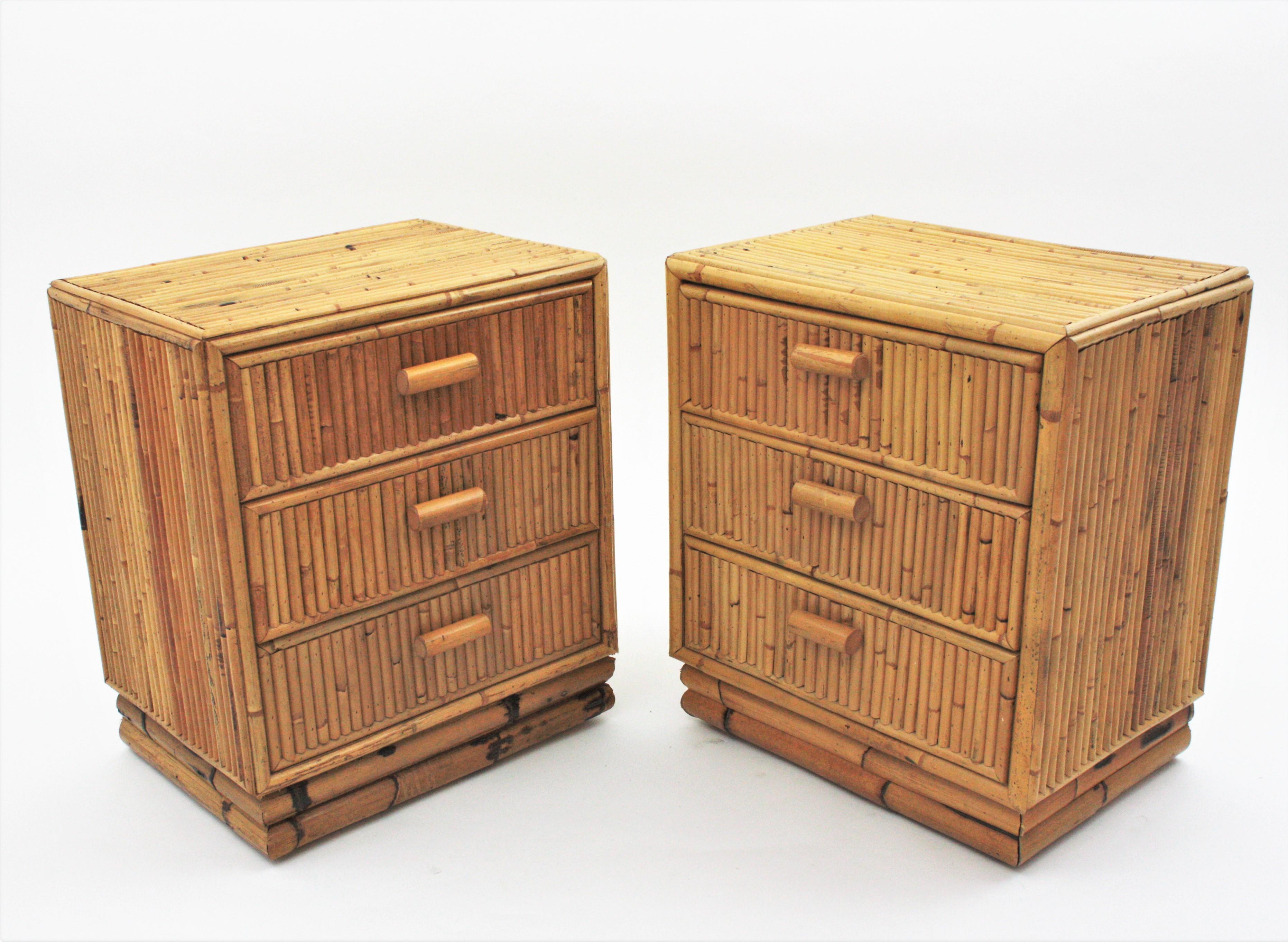 Pair of Split Reed Bamboo Rattan Small Chests or Nightstands, 1970s 2