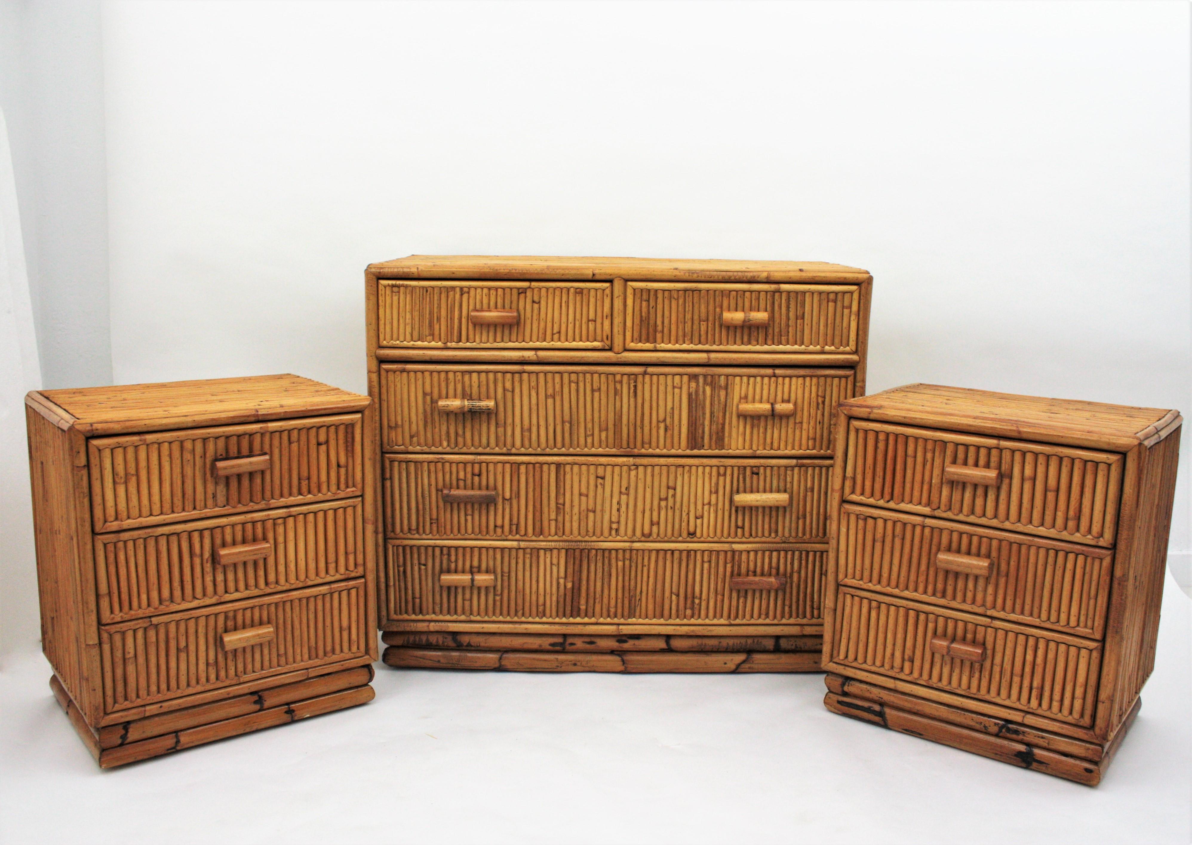Pair of Split Reed Bamboo Rattan Small Chests or Nightstands, 1970s 8