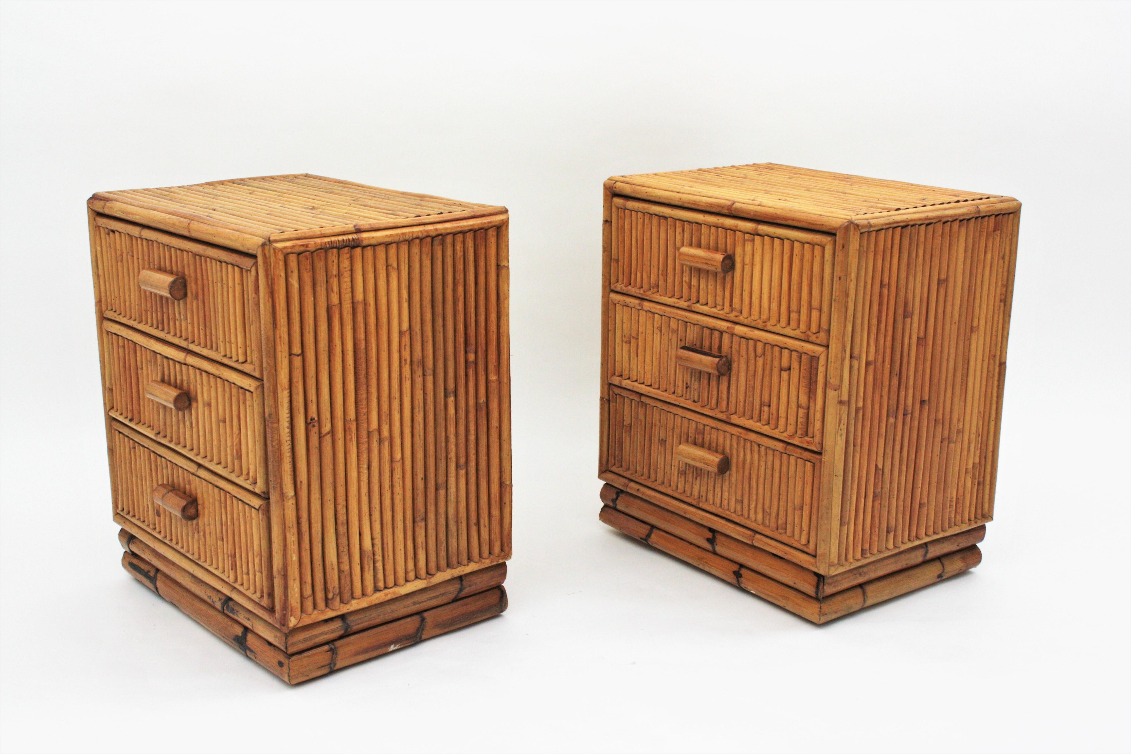 Pair of Split Reed Bamboo Rattan Small Chests or Nightstands, 1970s 9