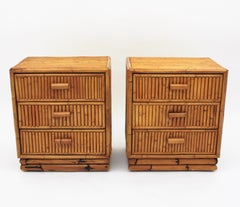 Pair of Split Reed Bamboo Rattan Small Chests or Nightstands, 1970s