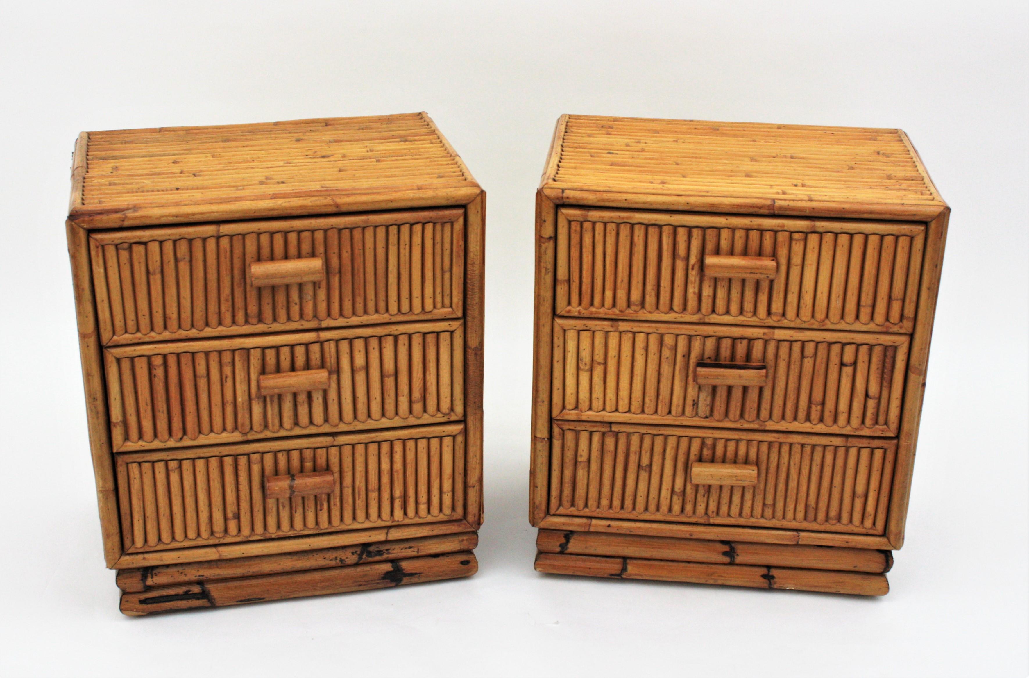 Mid-Century Modern Pair of Split Reed Bamboo Rattan Small Chests or Nightstands, 1970s