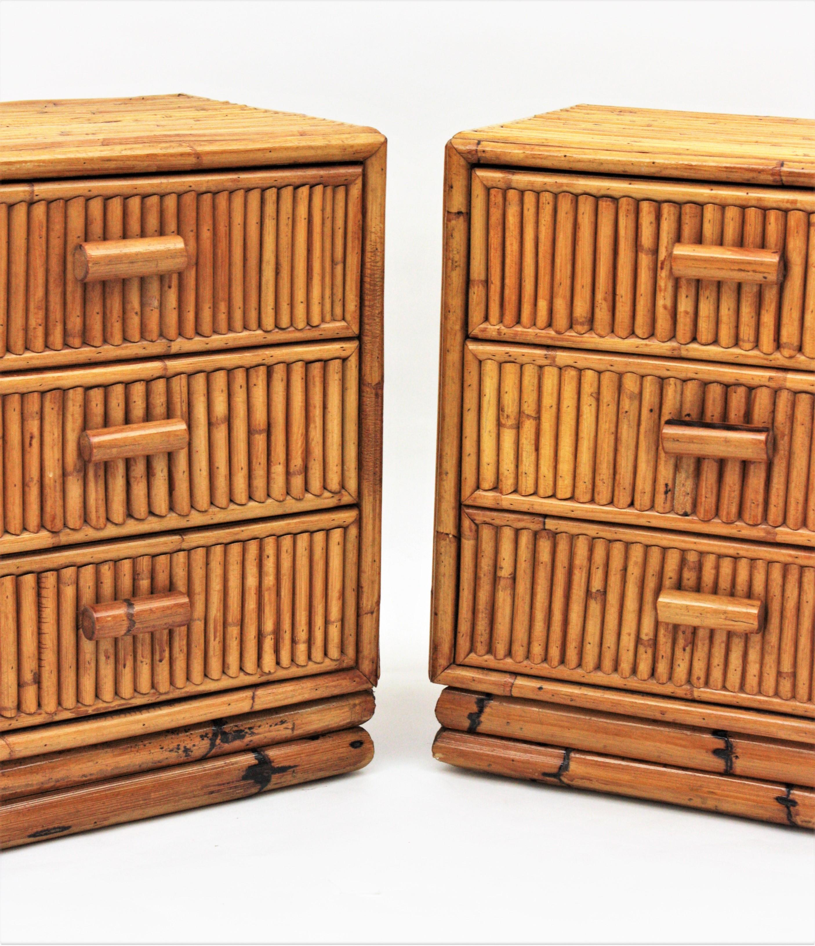 Spanish Pair of Split Reed Bamboo Rattan Small Chests or Nightstands, 1970s