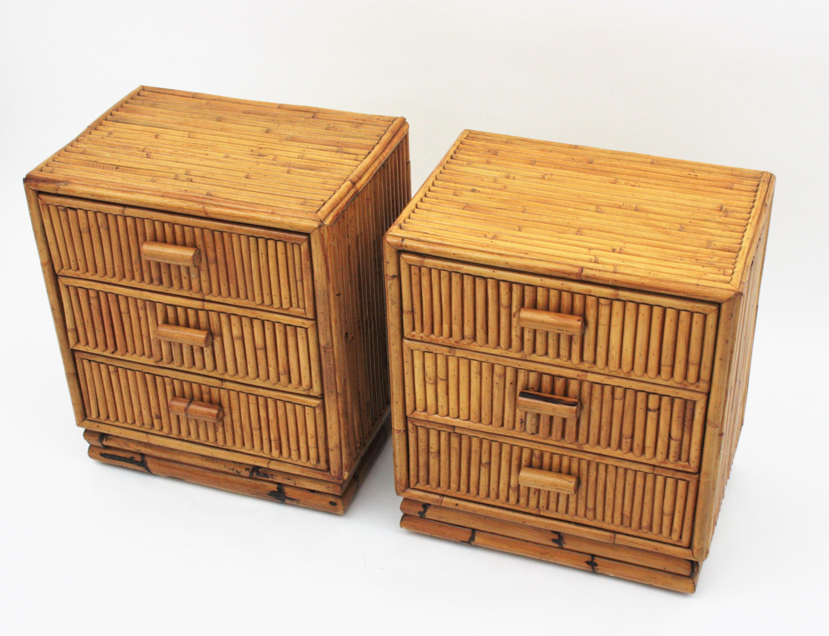 Pair of Split Reed Bamboo Rattan Small Chests or Nightstands, 1970s In Good Condition In Barcelona, ES