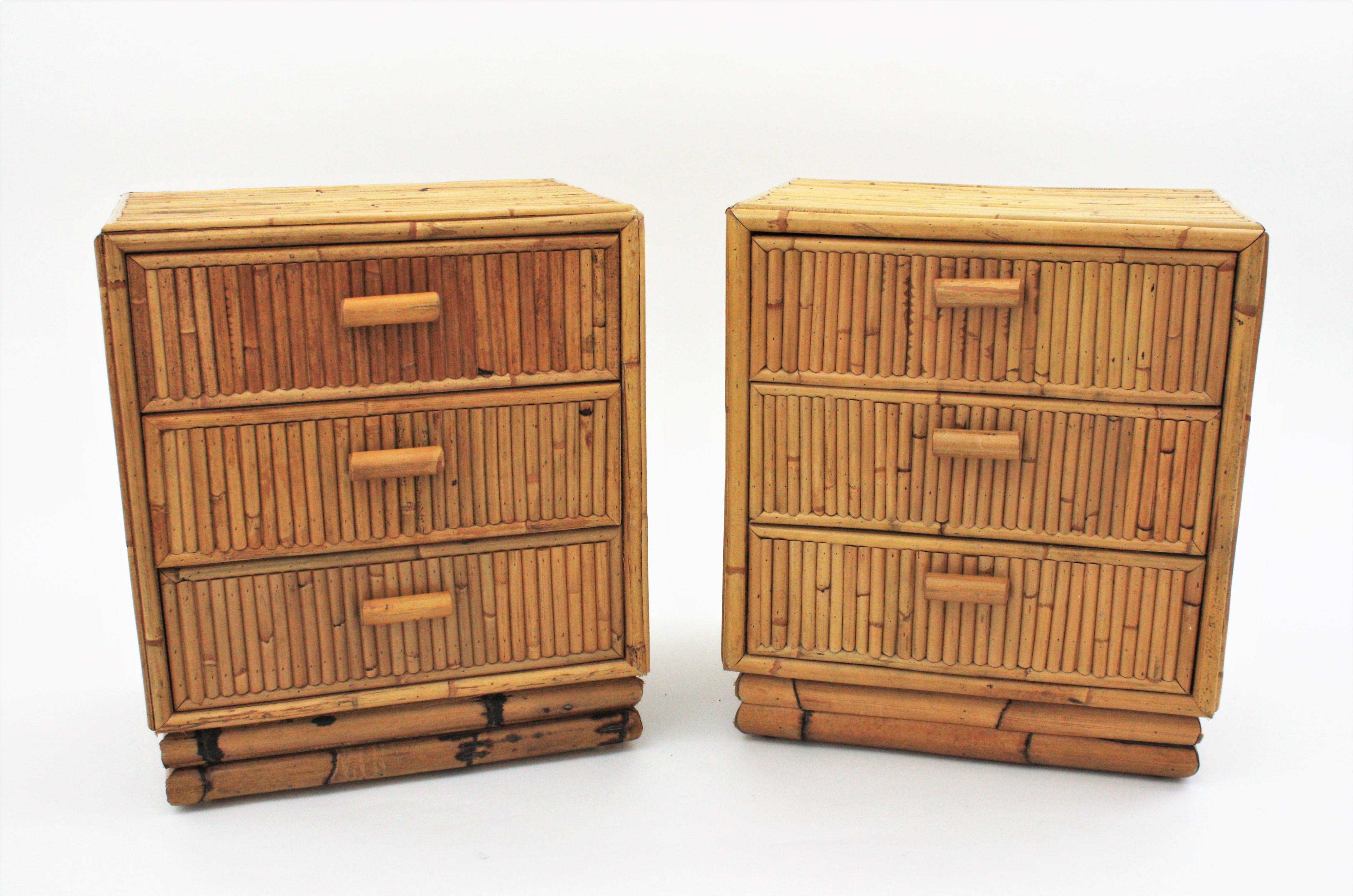 Mid-Century Modern Pair of Split Reed Bamboo Rattan Small Chests or Nightstands, 1970s
