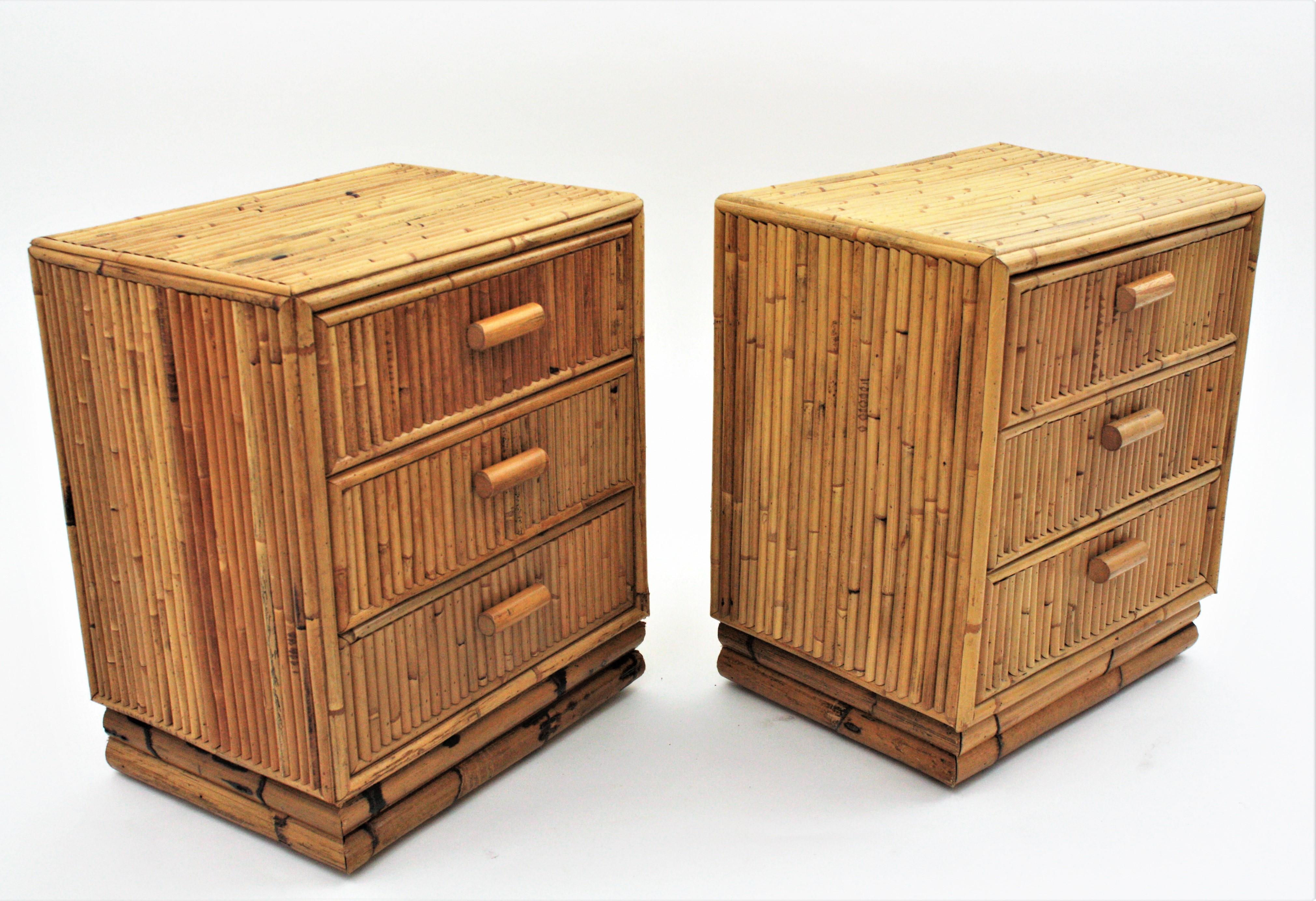 Spanish Pair of Split Reed Bamboo Rattan Small Chests or Nightstands, 1970s