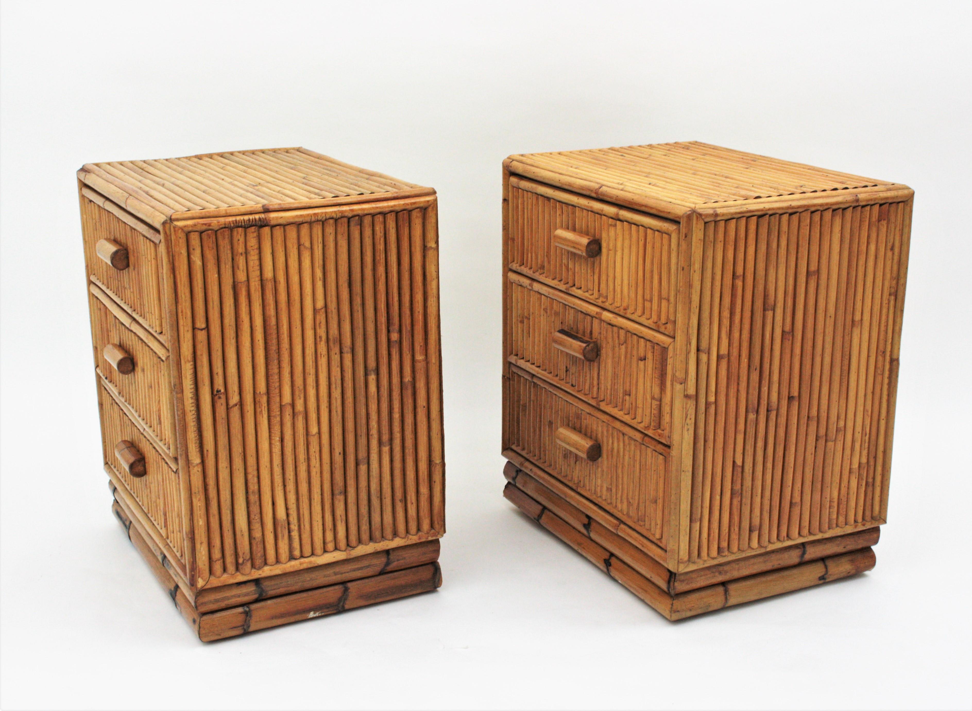 Pair of Split Reed Bamboo Rattan Small Chests or Nightstands, 1970s 1