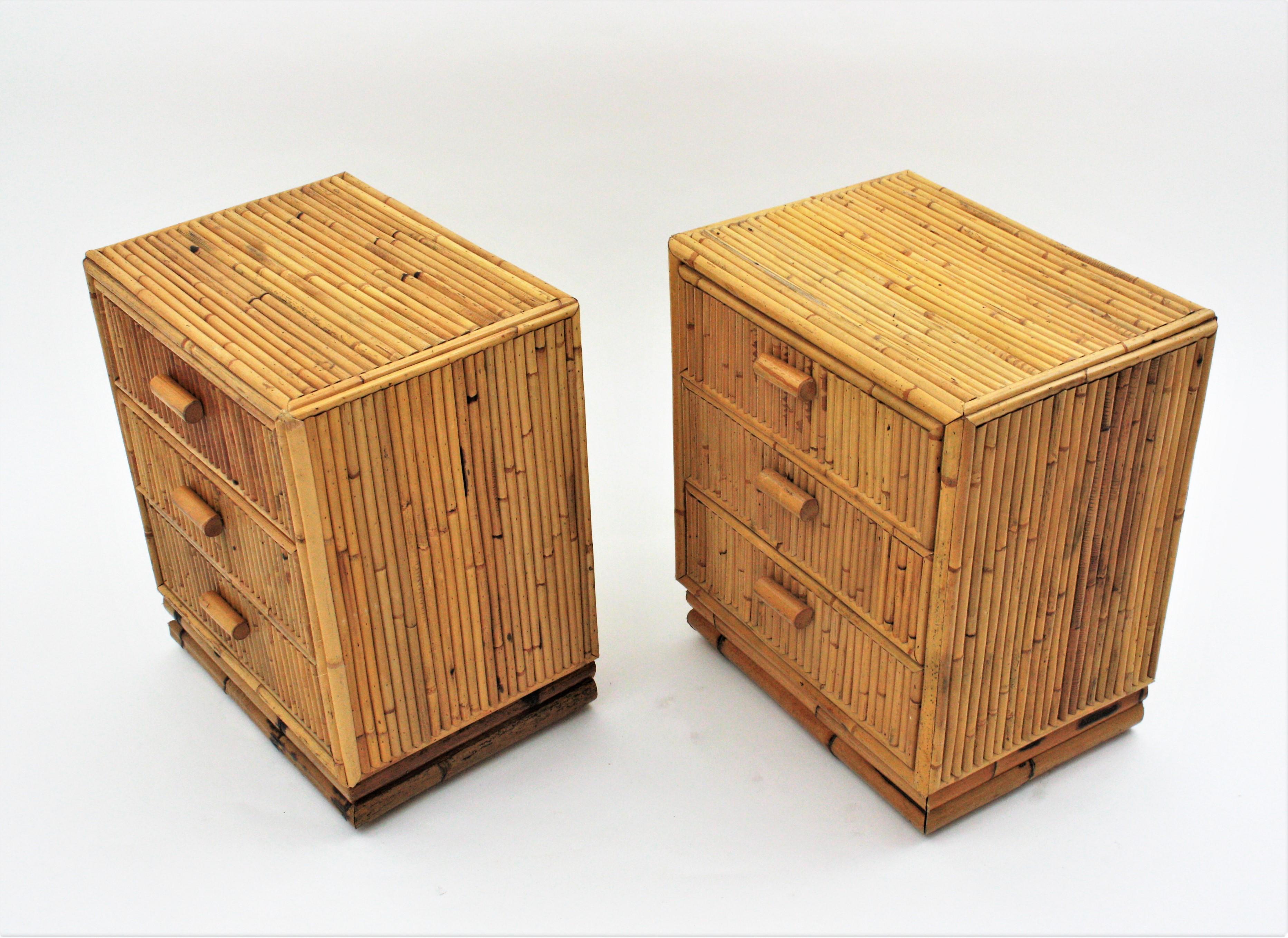 20th Century Pair of Split Reed Bamboo Rattan Small Chests or Nightstands, 1970s