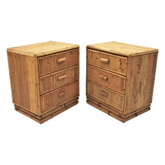 Pair of Split Reed Bamboo Rattan Small Chests or Nightstands, 1970s