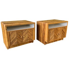 Pair of Split Reed Rattan Nightstands