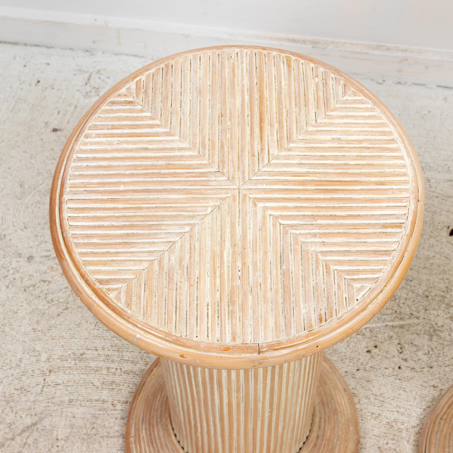 Hollywood Regency Pair of Split Reed Rattan Pedestals or Side Tables