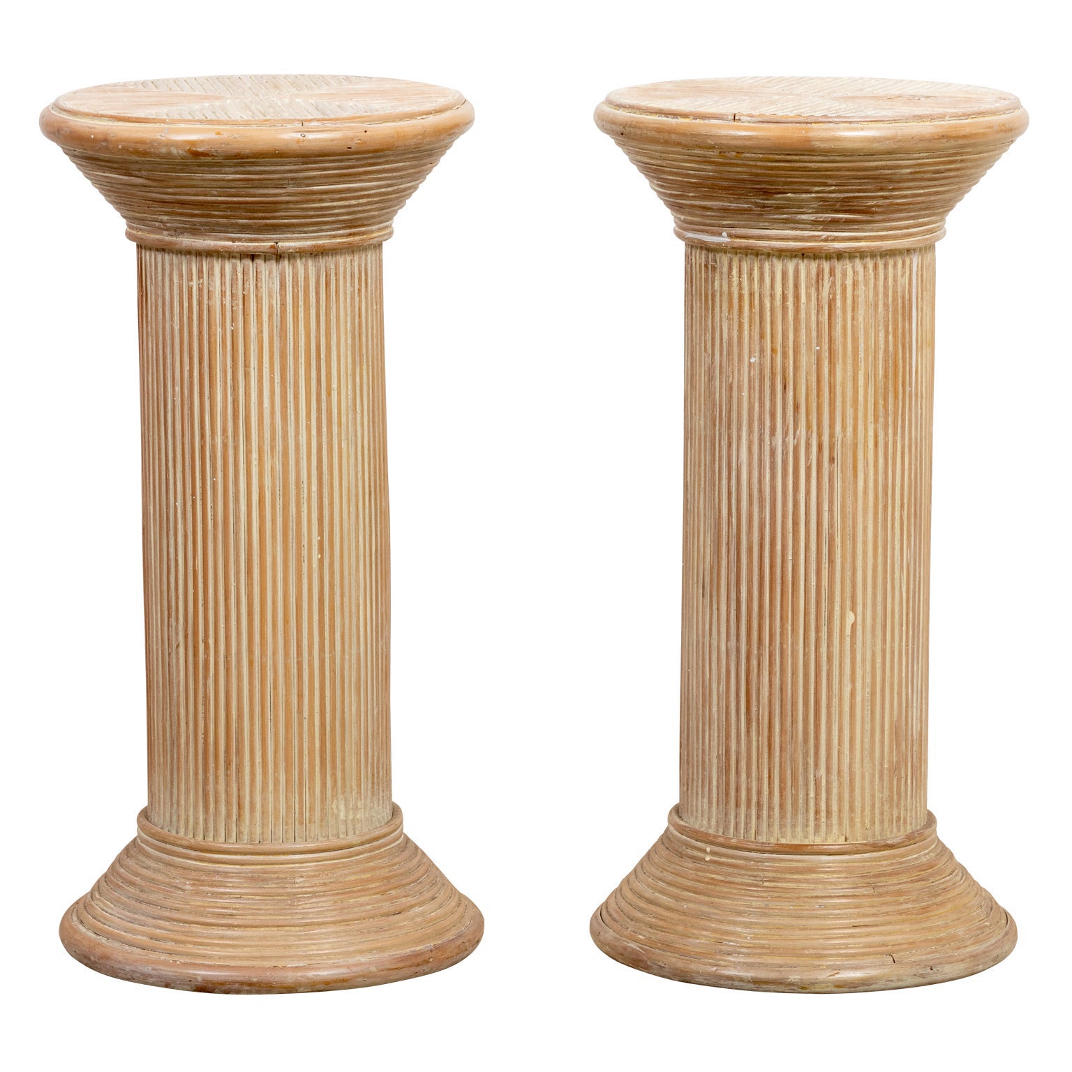 Pair of Split Reed Rattan Pedestals or Side Tables