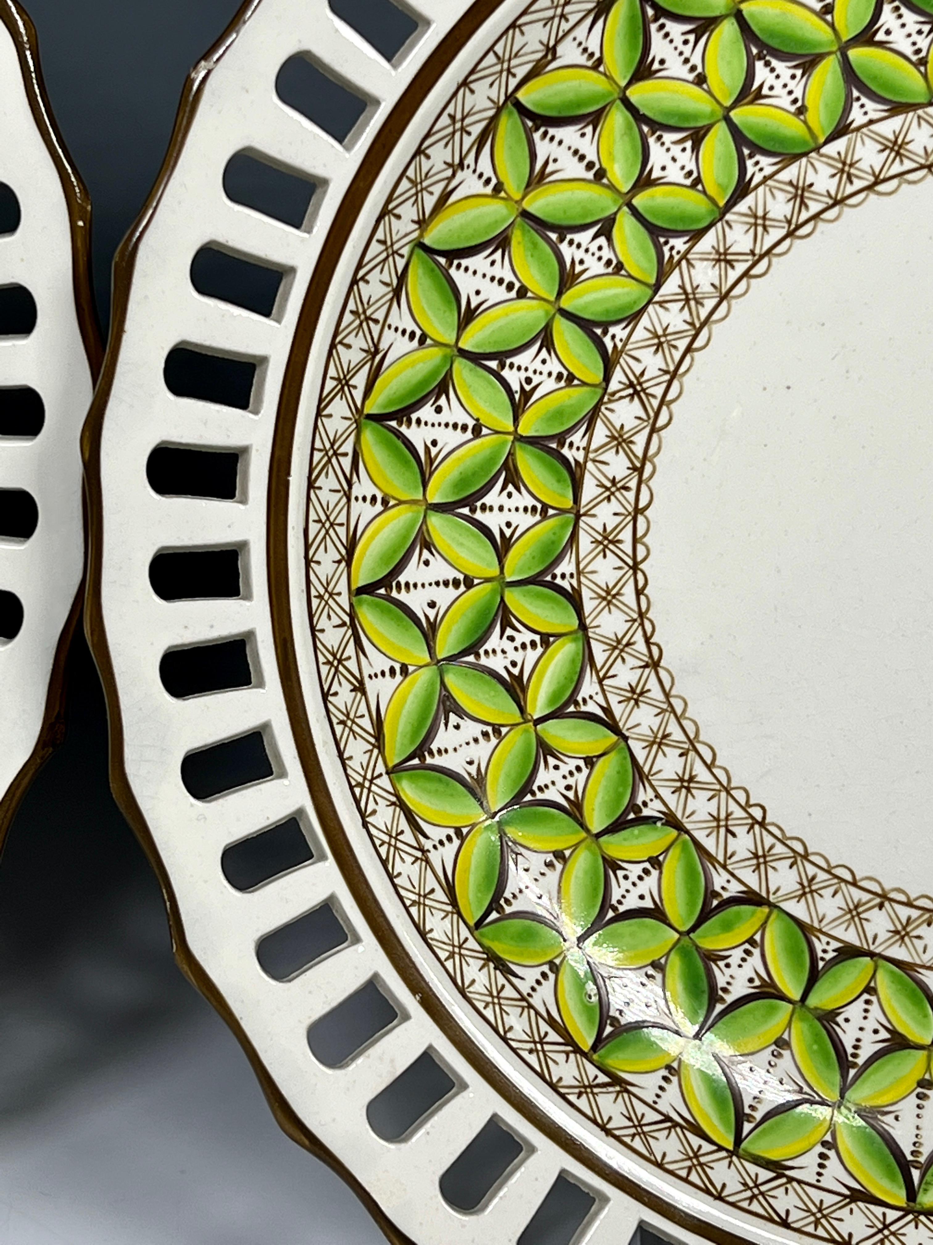 Regency Revival Pair of Spode 19th C Pierced Green Chestnut Baskets & Under Plates For Sale