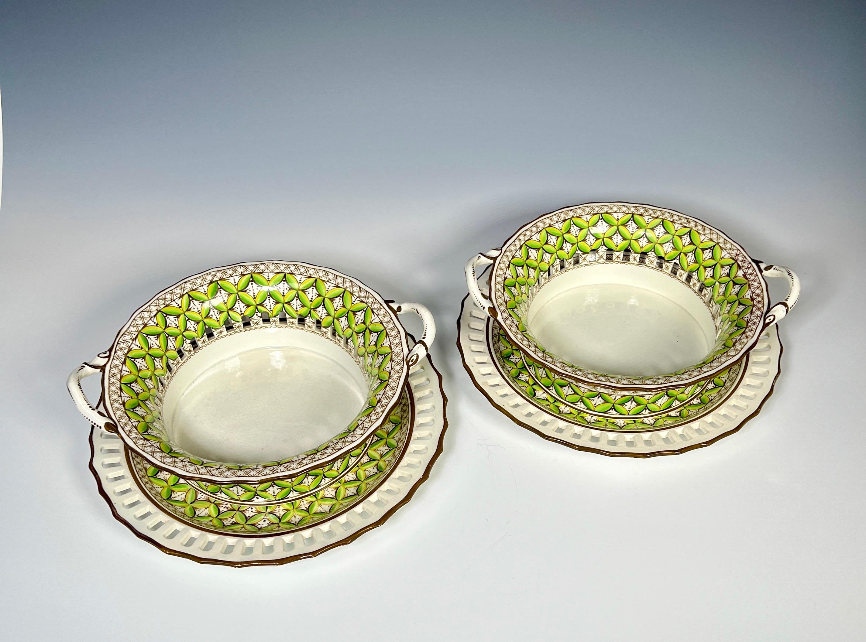 Enameled Pair of Spode 19th C Pierced Green Chestnut Baskets & Under Plates For Sale