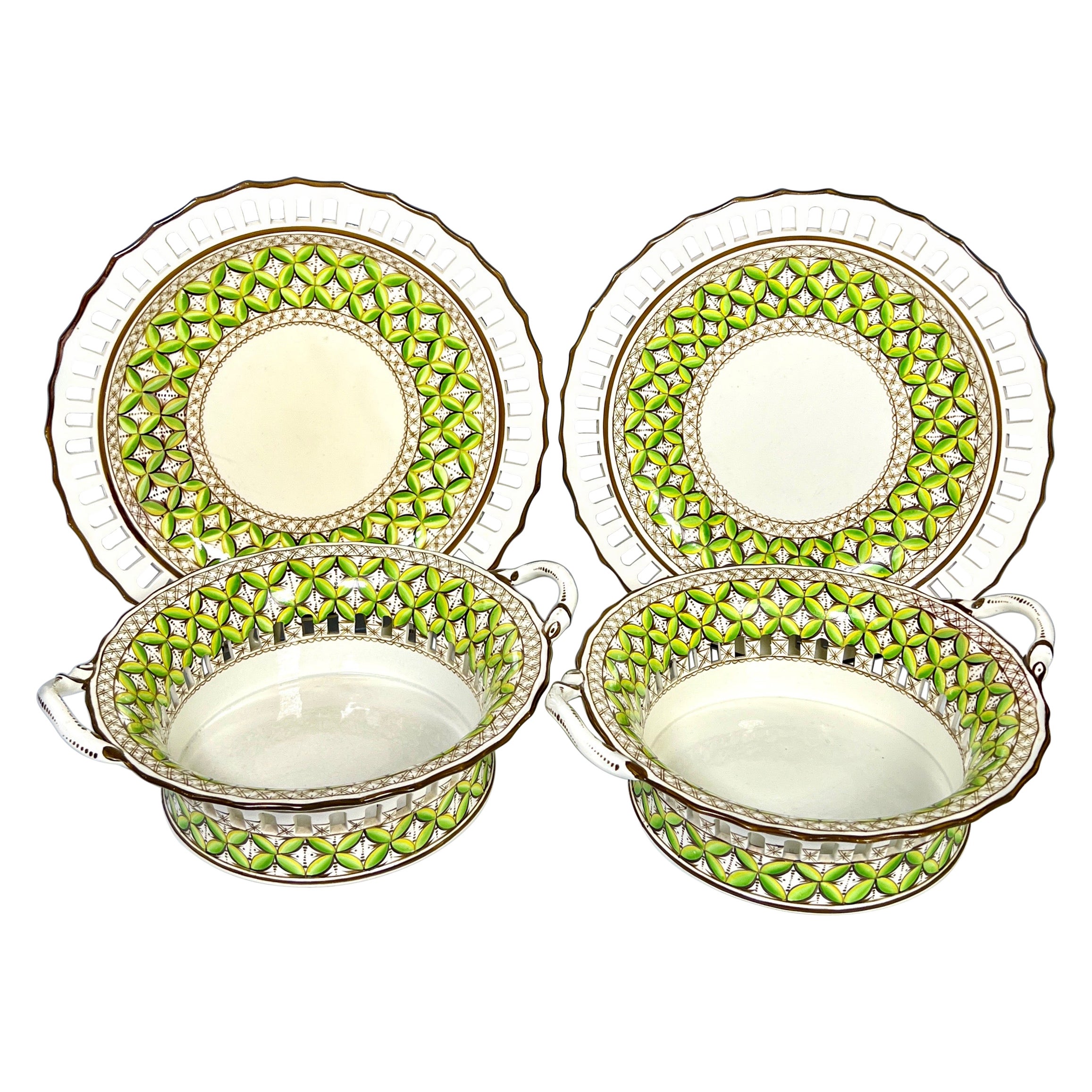 Pair of Spode 19th C Pierced Green Chestnut Baskets & Under Plates