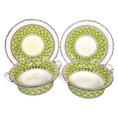 Pair of Spode 19th C Pierced Green Chestnut Baskets & Under Plates