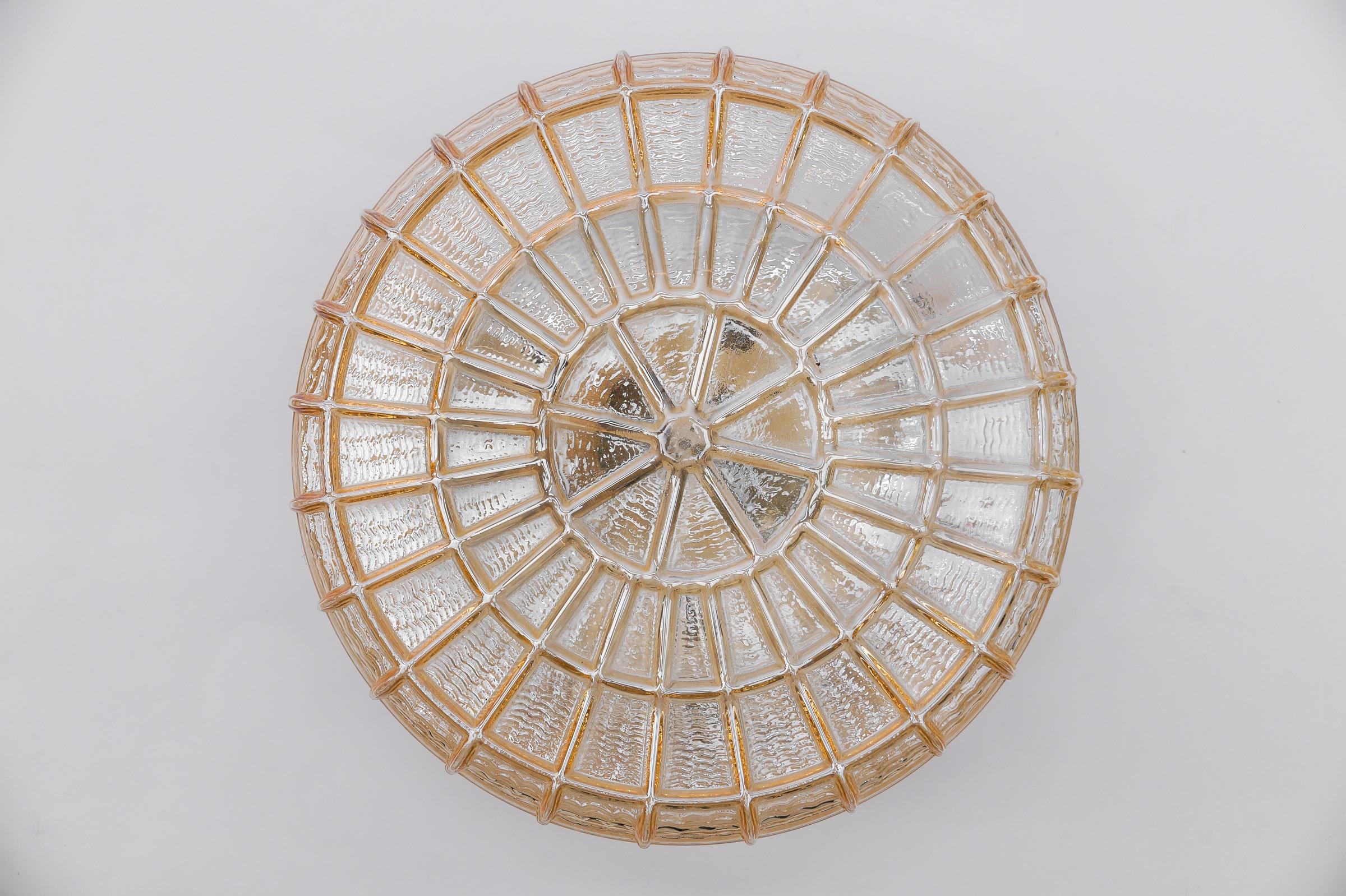 Mid-Century Modern Pair of Spoke Wheel Flush Mounts in Amber Glass, 1960s For Sale