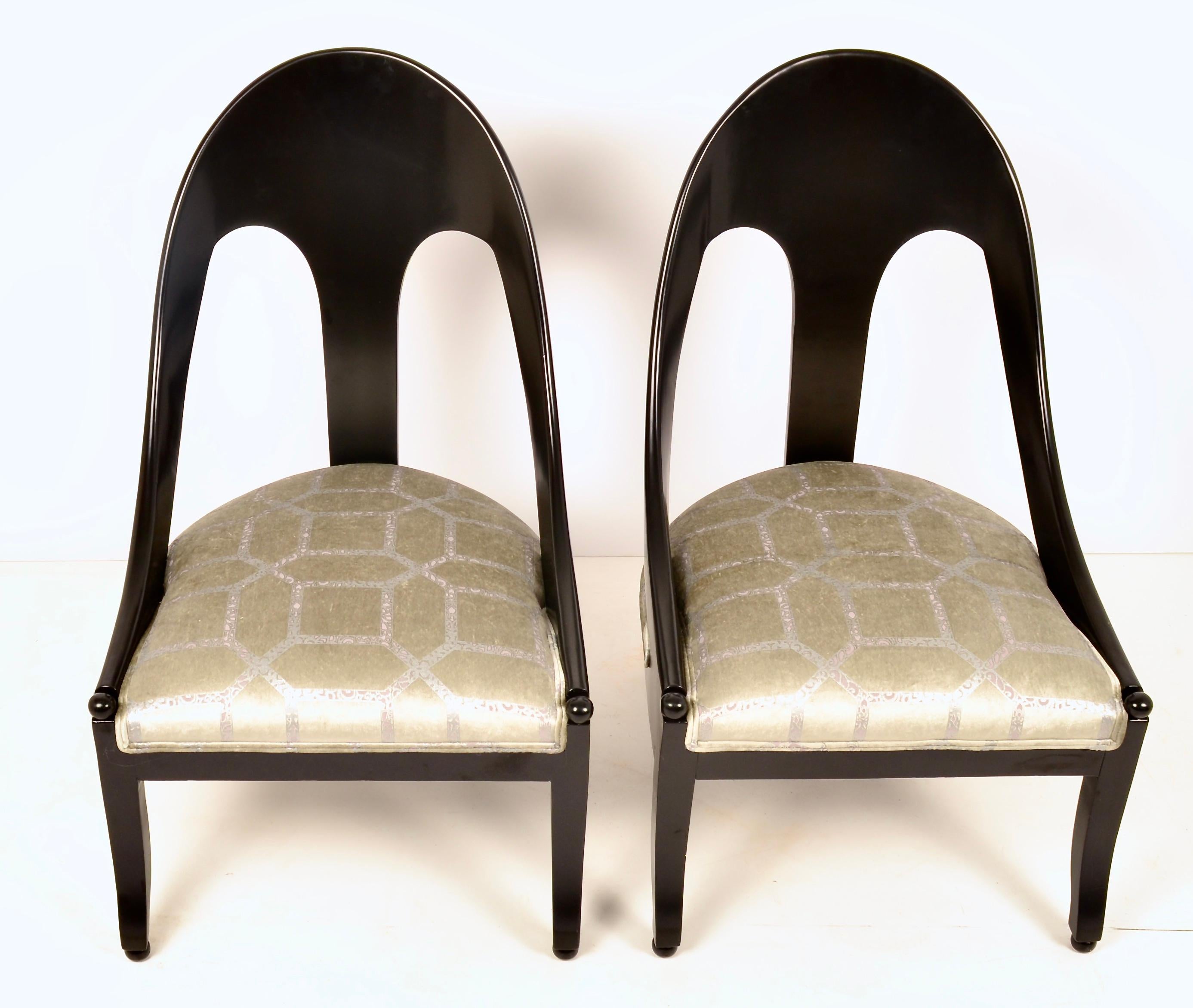 Mid-Century Modern Pair of Spoon Back Slipper Chairs in Black Satin Lacquer