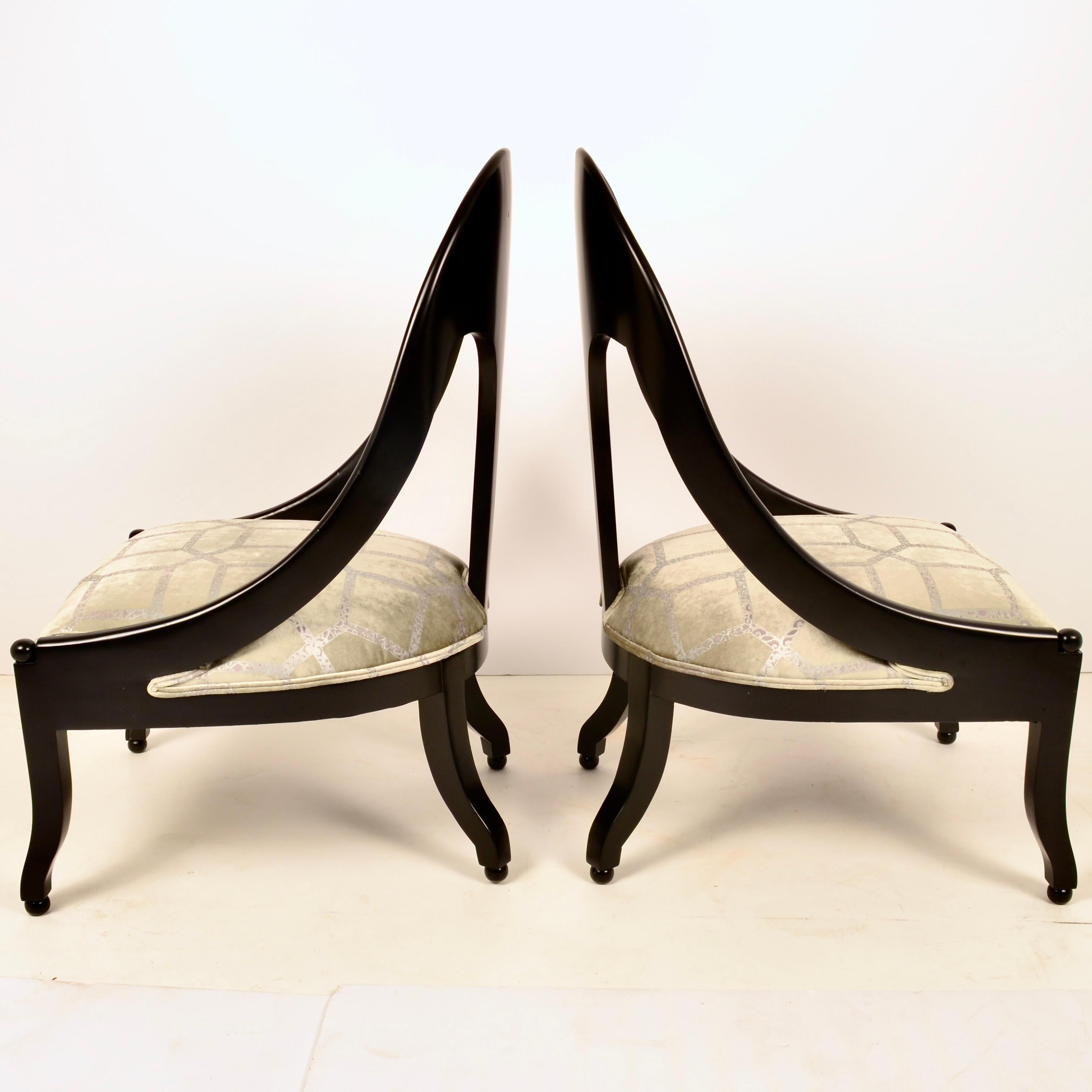 American Pair of Spoon Back Slipper Chairs in Black Satin Lacquer