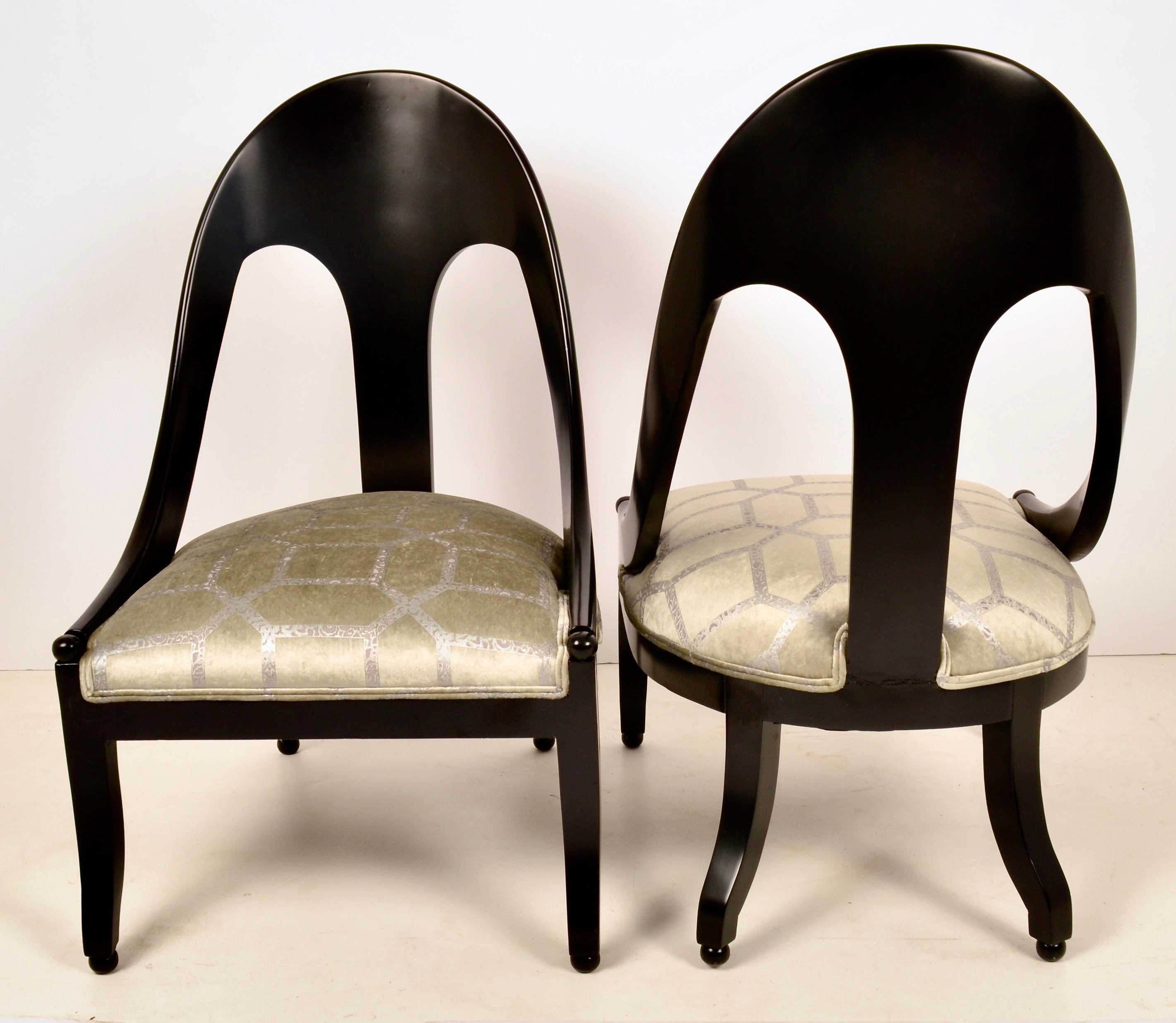 Lacquered Pair of Spoon Back Slipper Chairs in Black Satin Lacquer