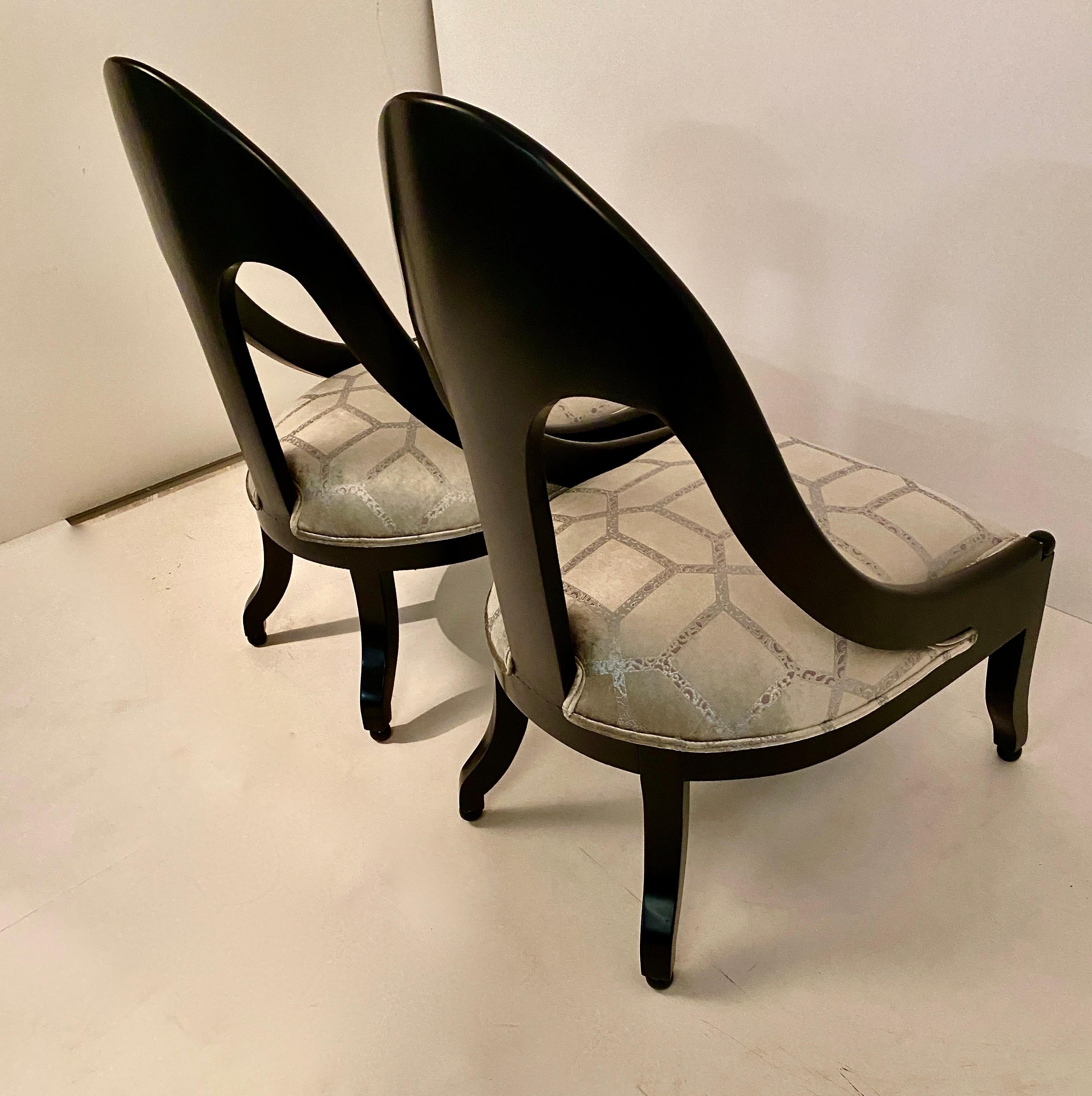 Mid-20th Century Pair of Spoon Back Slipper Chairs in Black Satin Lacquer