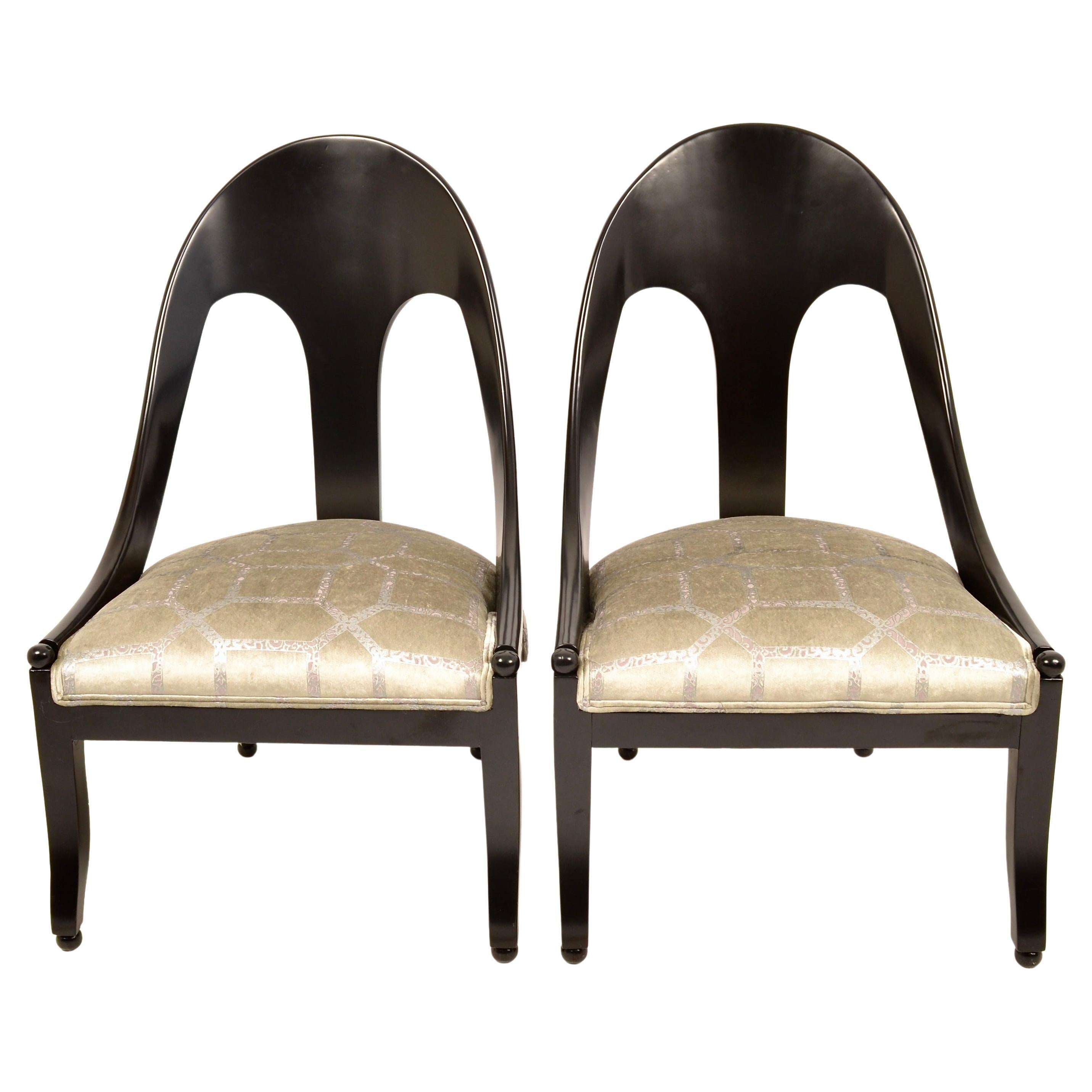 Pair of Spoon Back Slipper Chairs in Black Satin Lacquer