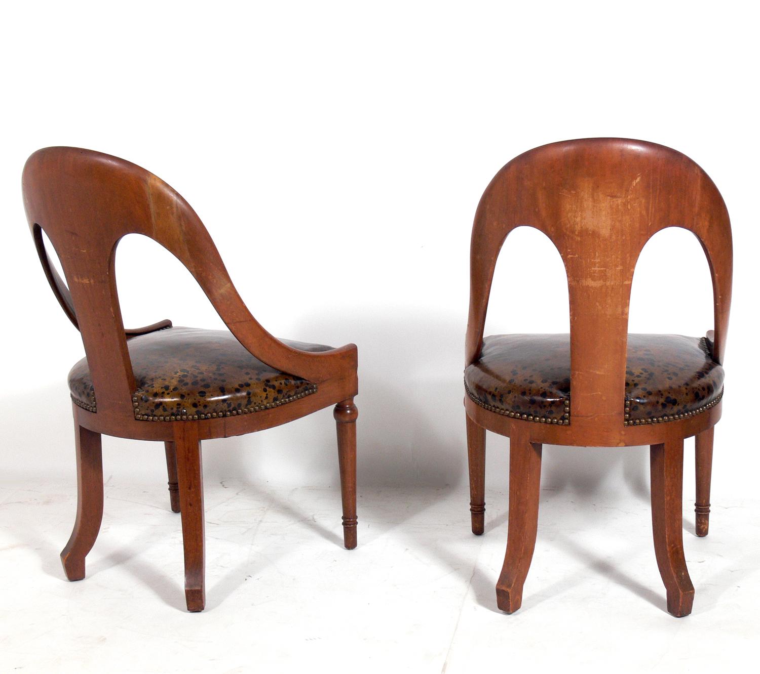 American Pair of Spoonback Chairs with Oil Spot Leather Seats For Sale