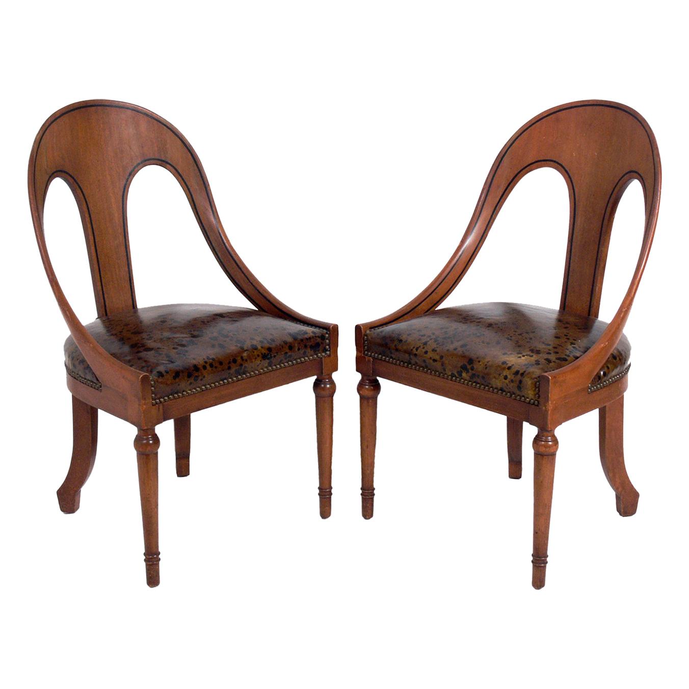 Pair of Spoonback Chairs with Oil Spot Leather Seats For Sale