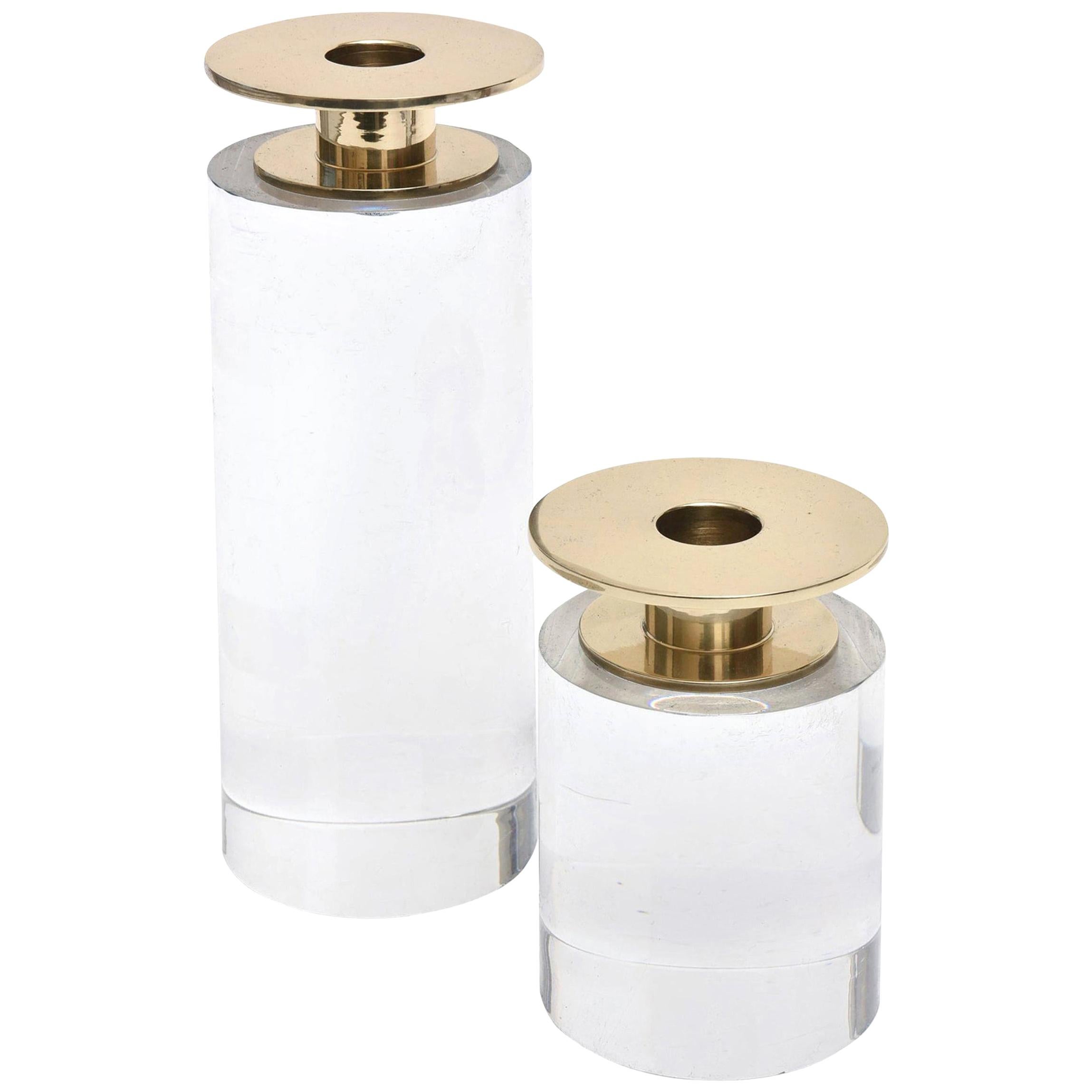 Chic MidCentury Modern Set of 3 Lucite and Brass Candlesticks at 1stDibs