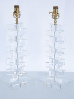 Pair of Springer Style Stacked Triangular Block Lamps of Lucite