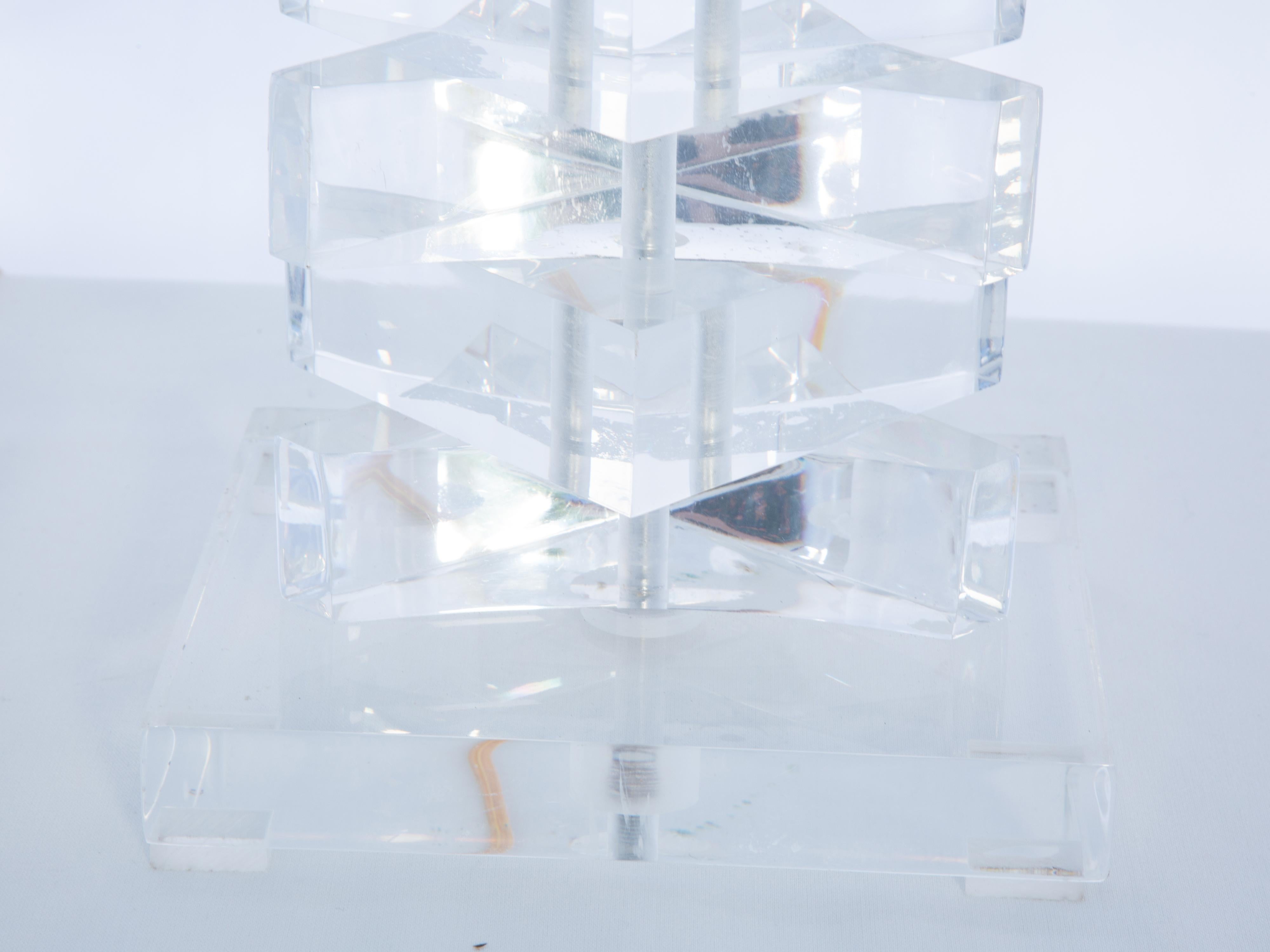 Pair of Springer Style Stacked Triangular Block Lamps of Lucite For Sale 4