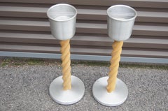 Pair of Spun Aluminum & Turned Oak Ashtray Stands, Attributed to Russel Wright